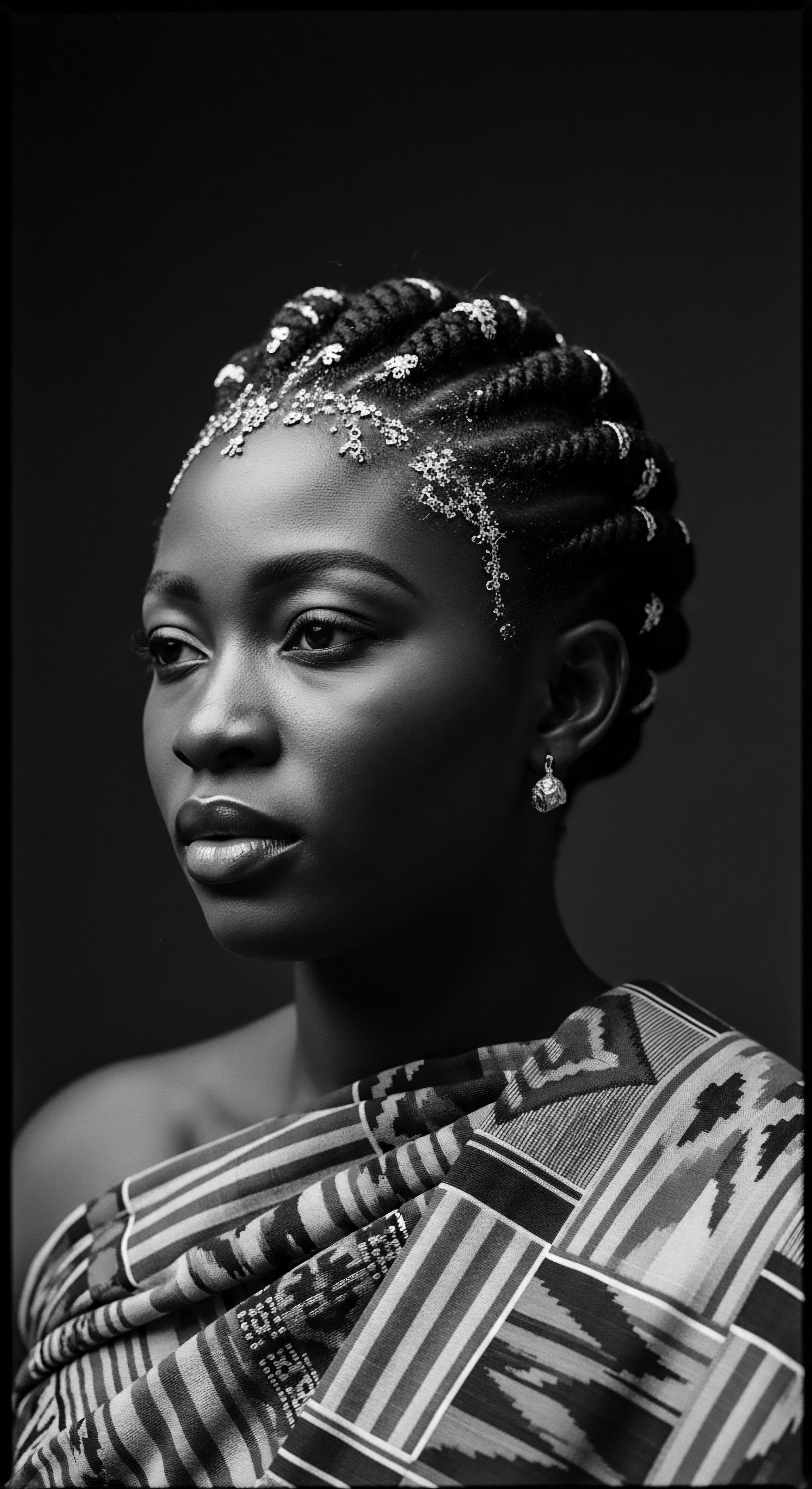 Elegant Woman with Braided Hair and Traditional Kente Cloth Black and White Portrait Serene artistry intertwines in this monochrome study, illuminating the woman's expertly crafted braids and traditional Kente cloth the image embodies cultural pride and timeless beauty. This detailed composition fosters contemplation on ancestral heritage and holistic beauty practices for textured hair, expressive styling.
