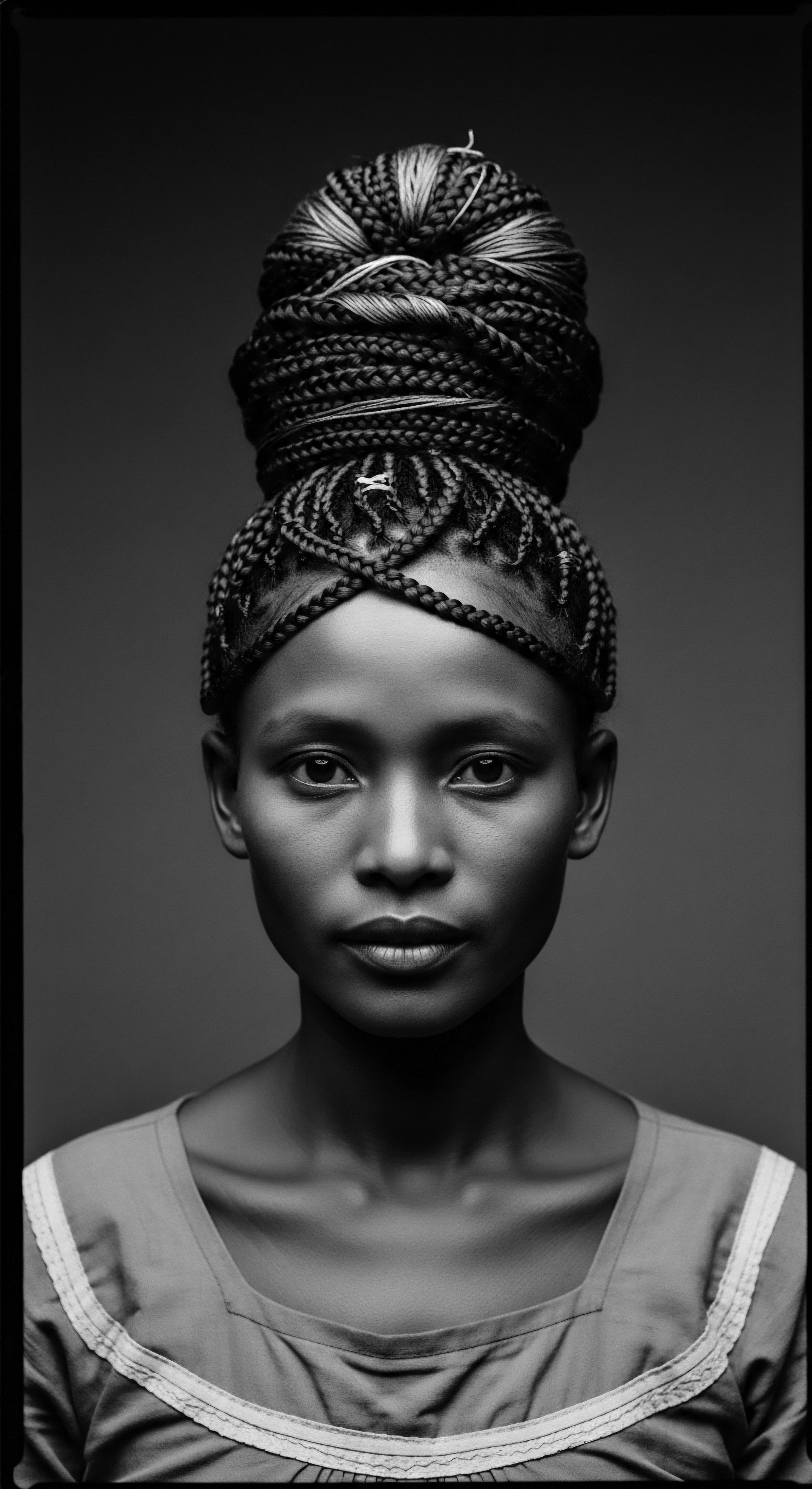 A stark black and white portrait highlights a woman's dignified expression. Her crown of expertly braided hair, arranged in stacked spirals, merges ancestral Black hair traditions with modern styling. The stark lighting accentuates textured hair formations, highlighting expressive styling and African heritage, set against a muted gray backdrop.