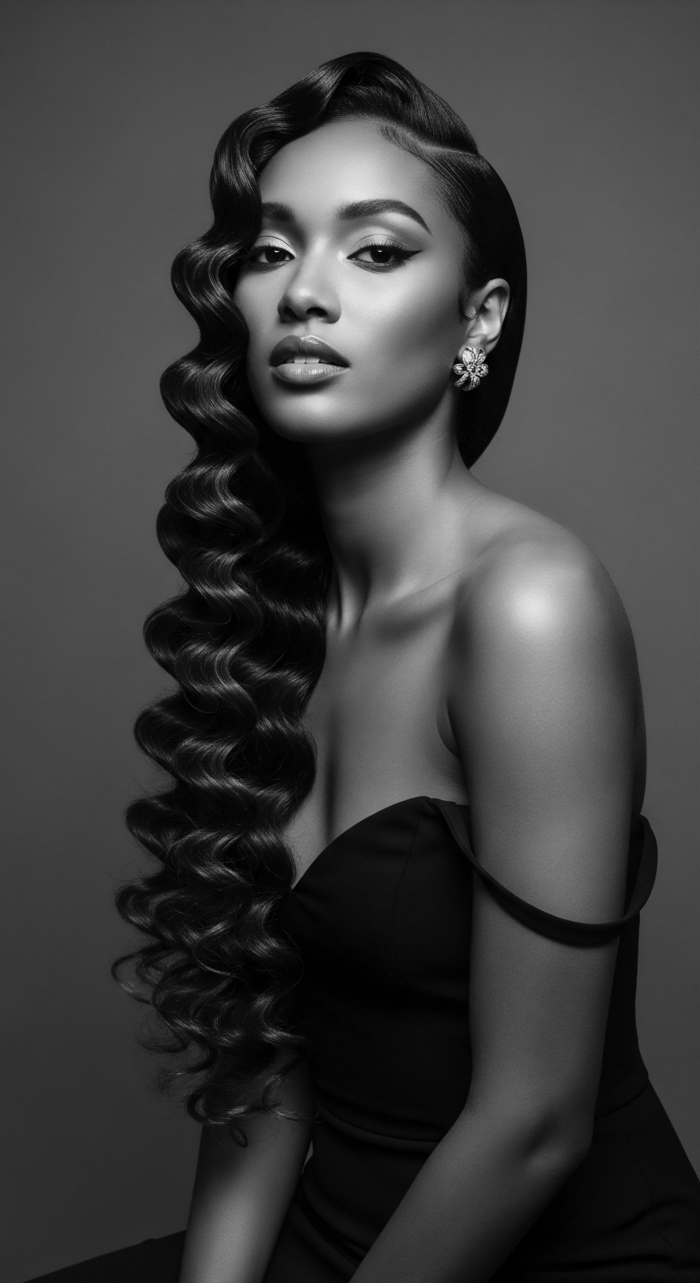 This portrait celebrates the beauty and cultural significance of finger waves, a classic black hair tradition. The glossy texture, enhanced by monochromatic lighting, signifies both timeless elegance and modern flair. Statement earrings and off shoulder dress, complement the flowing hair texture, evoking ancestral practices and holistic beauty.