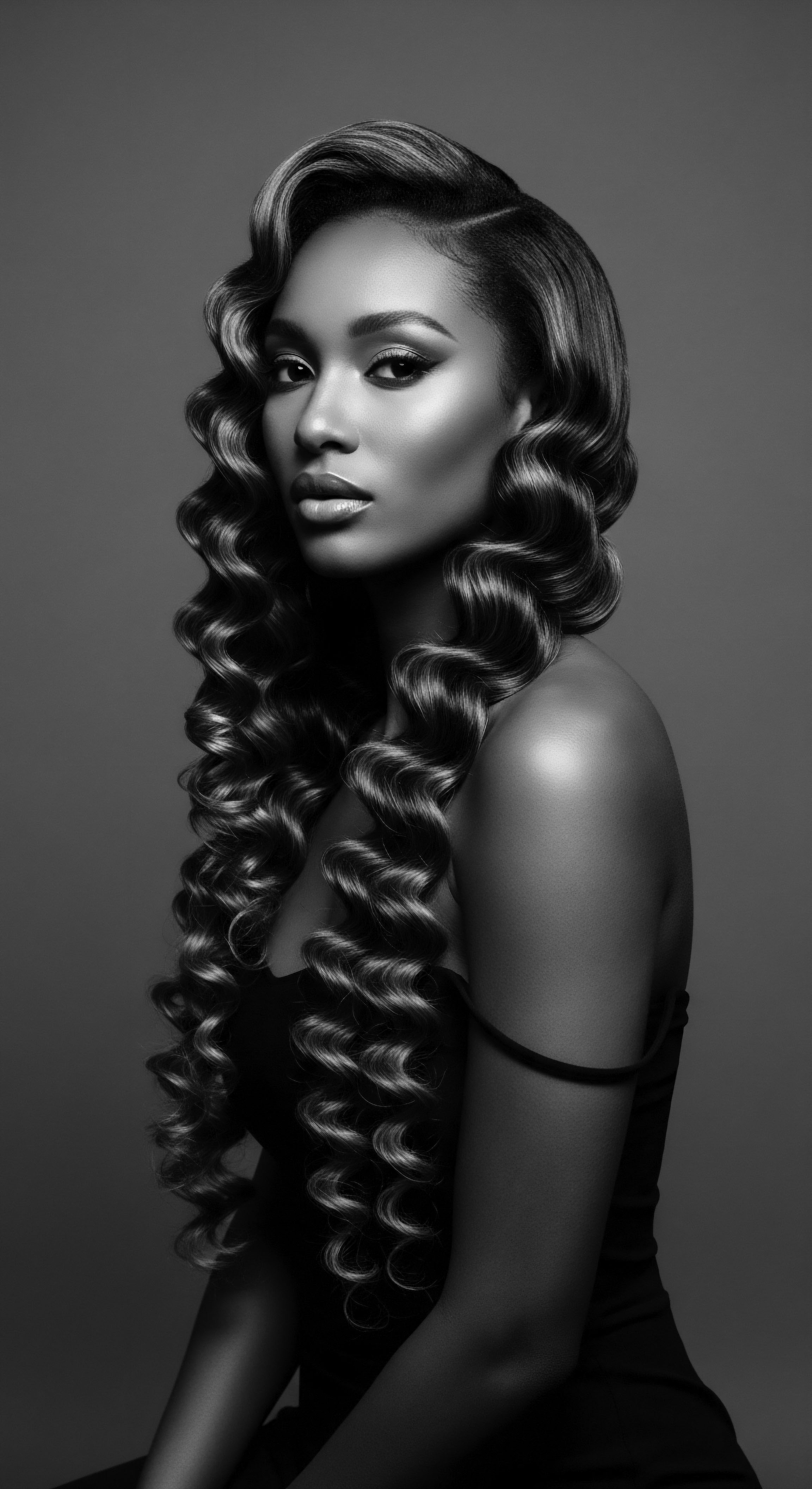 Elegant Woman with Coiled Textured Hair in Striking Black and White The image beautifully expresses the strength and elegance found in textured hair, celebrating mixed heritage through carefully sculpted coils and polished details. Her style echoes ancestral roots, emphasizing holistic self-expression and artistic hair traditions with a touch of modern sophistication.