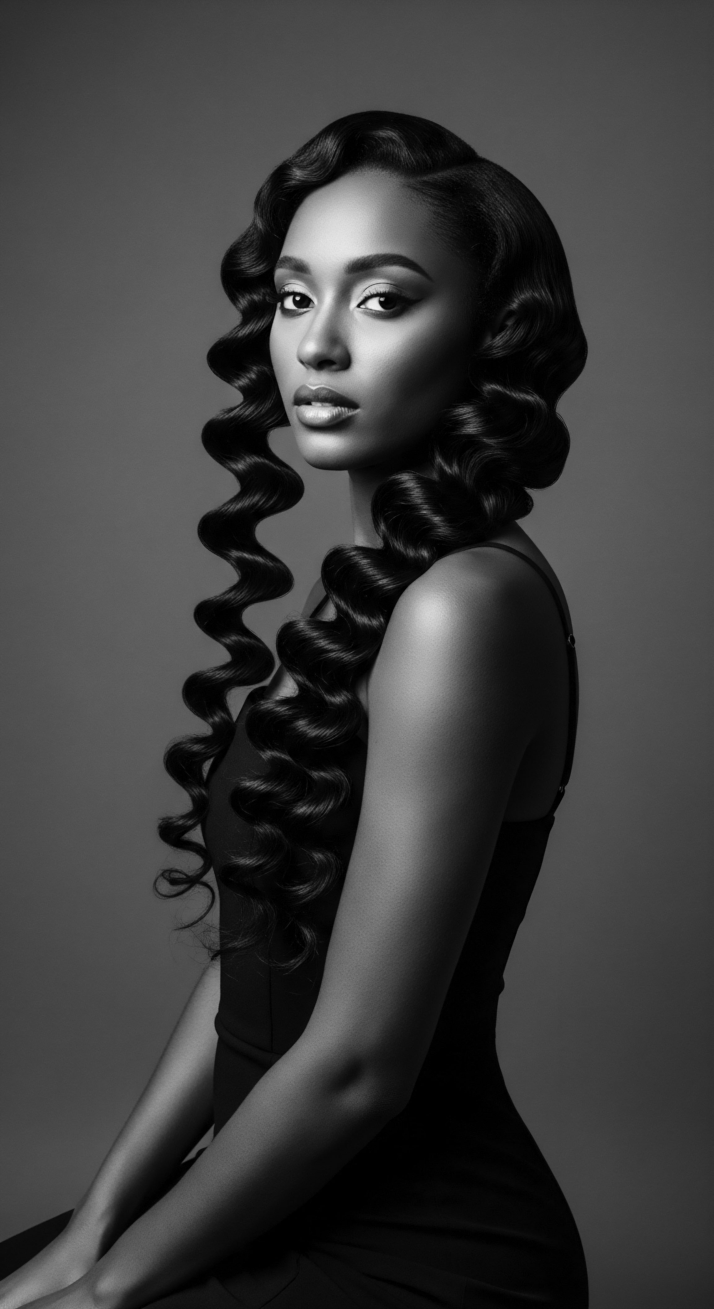 Elegant Woman with Glossy Waves Black and White Portrait Hairstyle The elegant portrait presents glossy, sculpted waves, a tribute to artistry and heritage expressed through meticulous styling. The black and white format elevates the focus on texture and form, creating a lasting visual resonance which speaks to cultural traditions and individual expression.