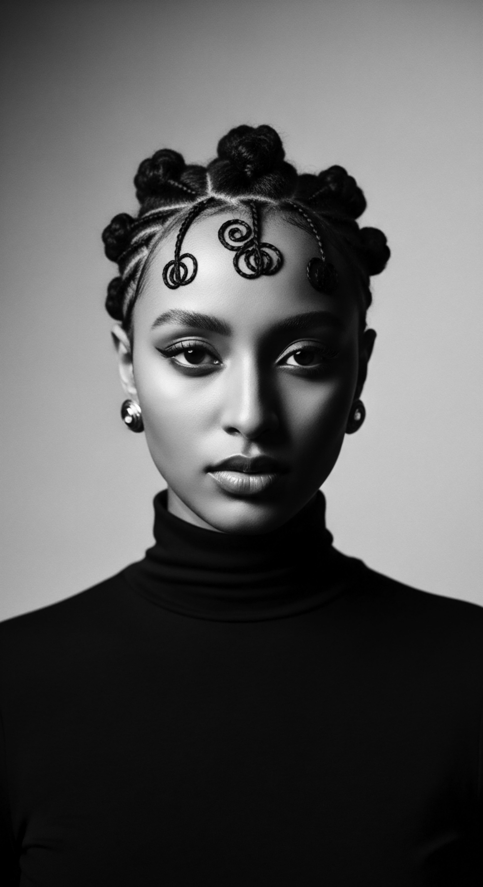 Monochrome portrait presents a woman featuring ornate hairstyle that combines cornrows and coiled elements arranged on forehead. Her polished makeup, including winged eyeliner, accentuates the features. The black turtleneck contrasts with soft grayscale background, emphasizing texture and geometric arrangement of braids reflecting ancestral heritage and artistic expression.