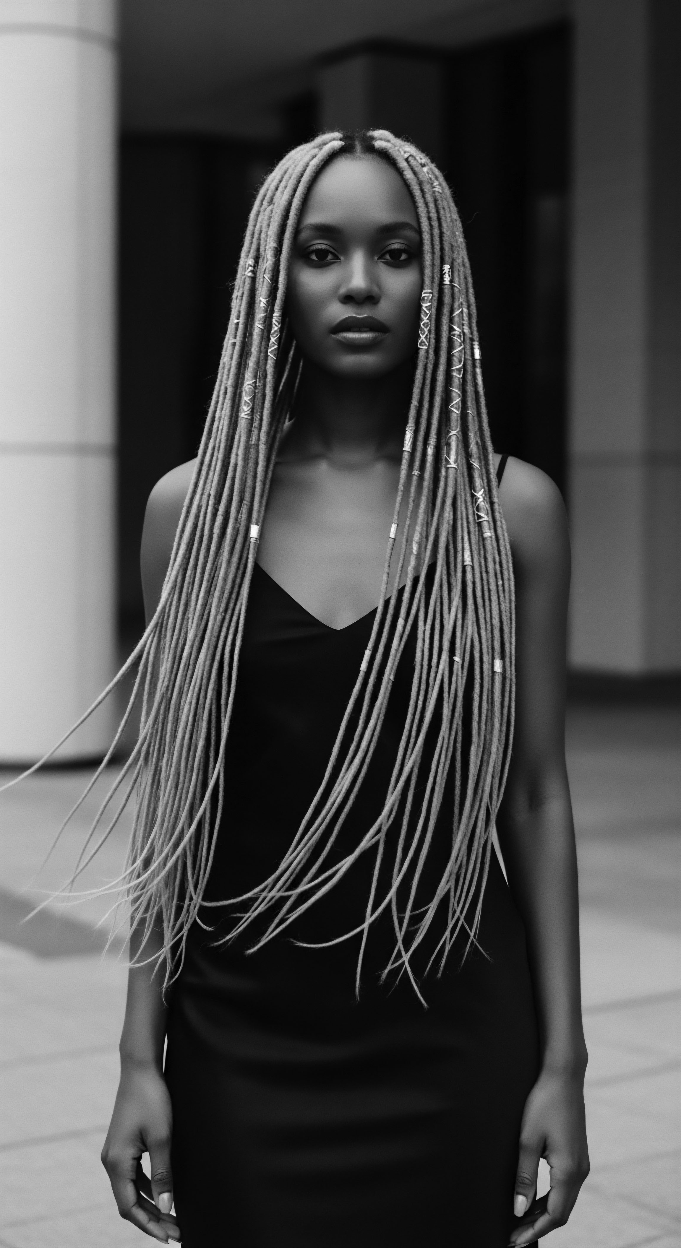 Elegant Woman with Long Textured Hair and Embellishments in Black and White This evocative photograph celebrates the elegance and cultural significance of textured hair, styled with silver adornments, drawing attention to the inherent beauty and expressive potential found in Black hair traditions, while subtly narrating ancestral heritage and holistic approaches to hair care through artistic presentation.