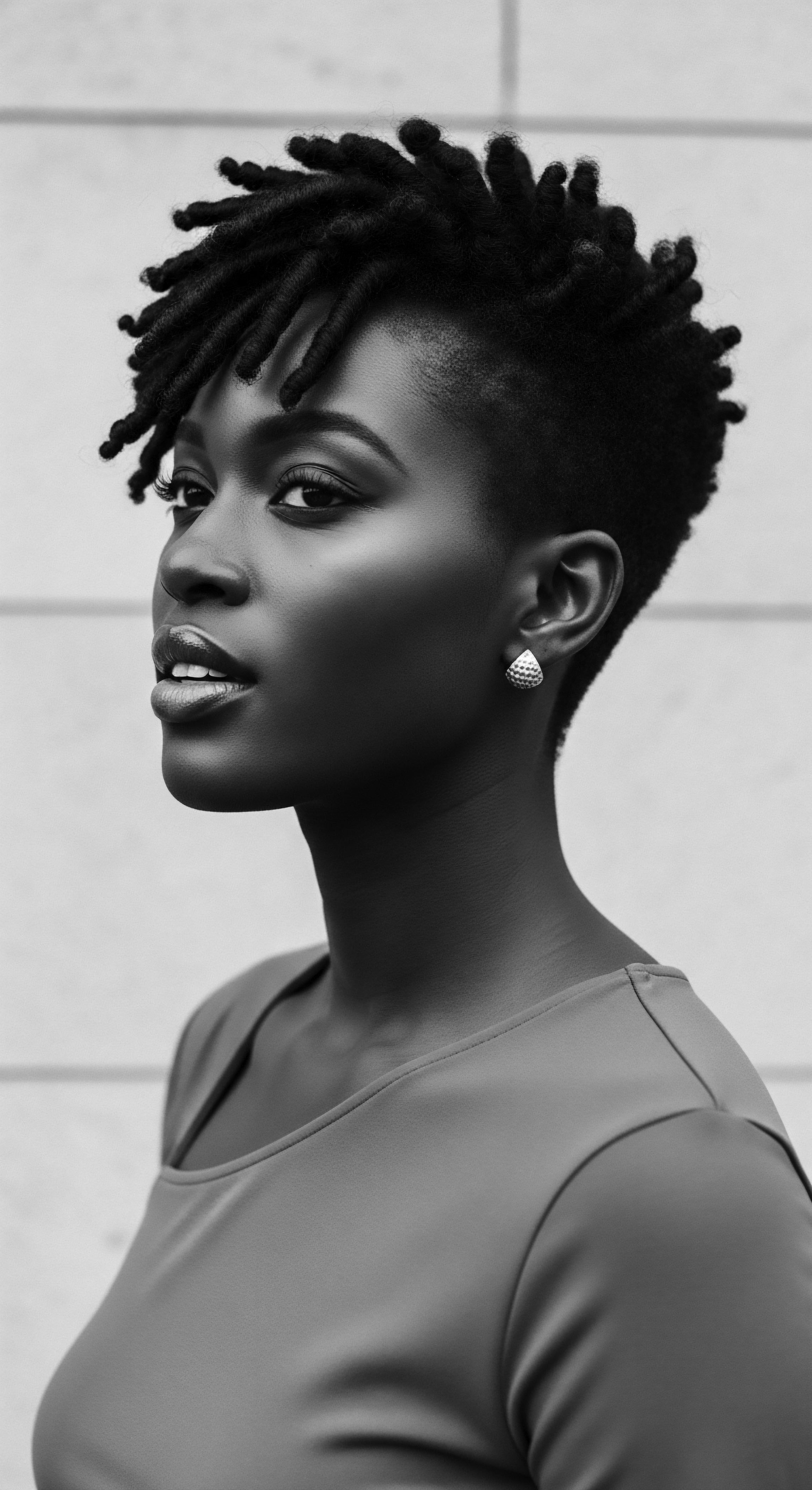 Elegant Woman with Natural Coiled Hair and Confident Gaze Black and White This evocative portrait captures the essence of natural Black hair traditions through its textured coils, expressive styling, and confident gaze. It honors cultural heritage and celebrates modern beauty with its interplay of shadows, fostering dialogue on textured hair forms and identity.