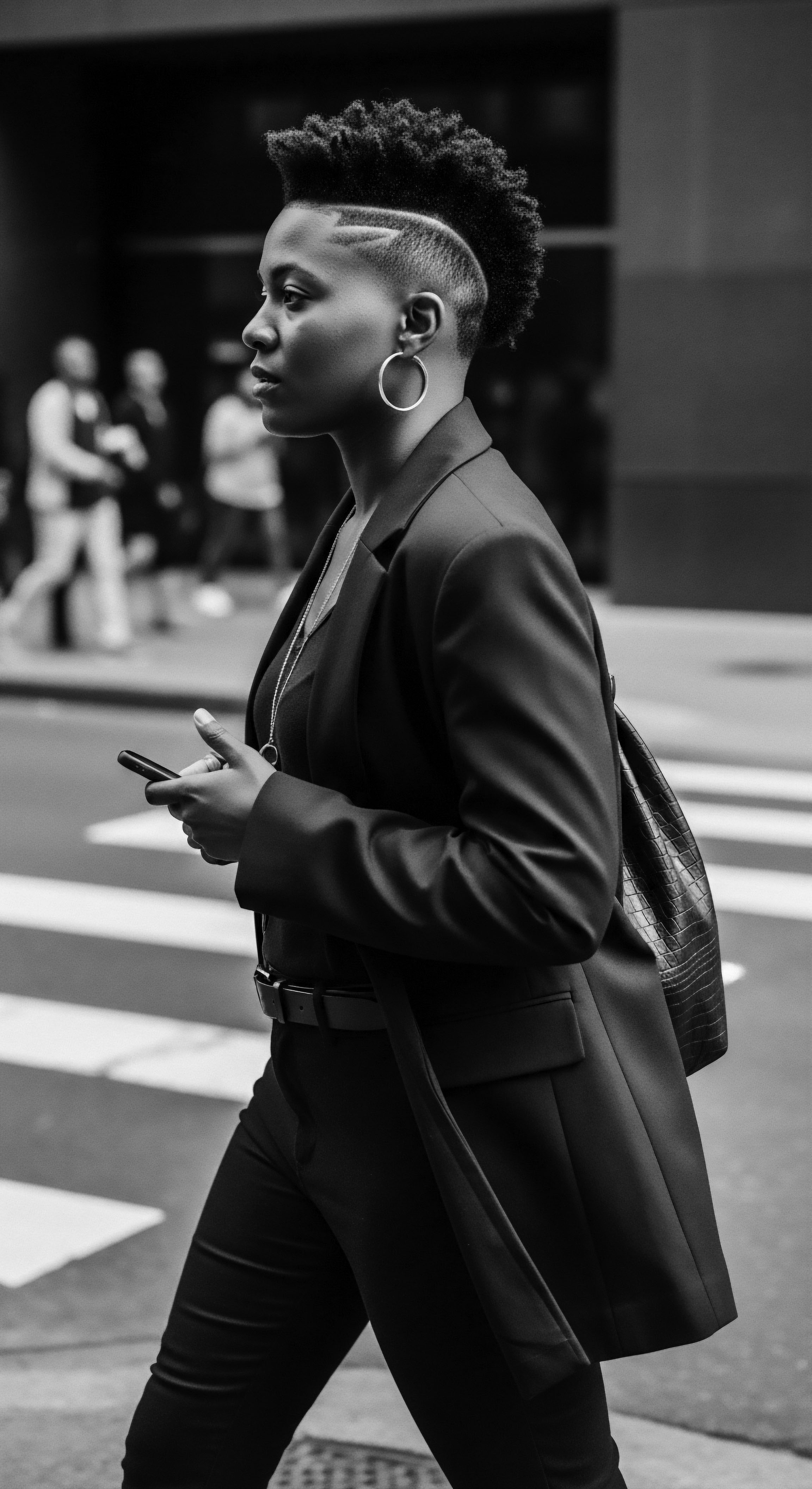 Elegant Woman with Natural Textured Hair and Blazer Crosswalk Street Style The monochrome street-style scene with her Tapered Afro symbolizes the modern intersection of textured hair and professionalism. Precise grooming elevates heritage with contemporary style, reflecting confidence and purpose as she navigates the urban landscape.
