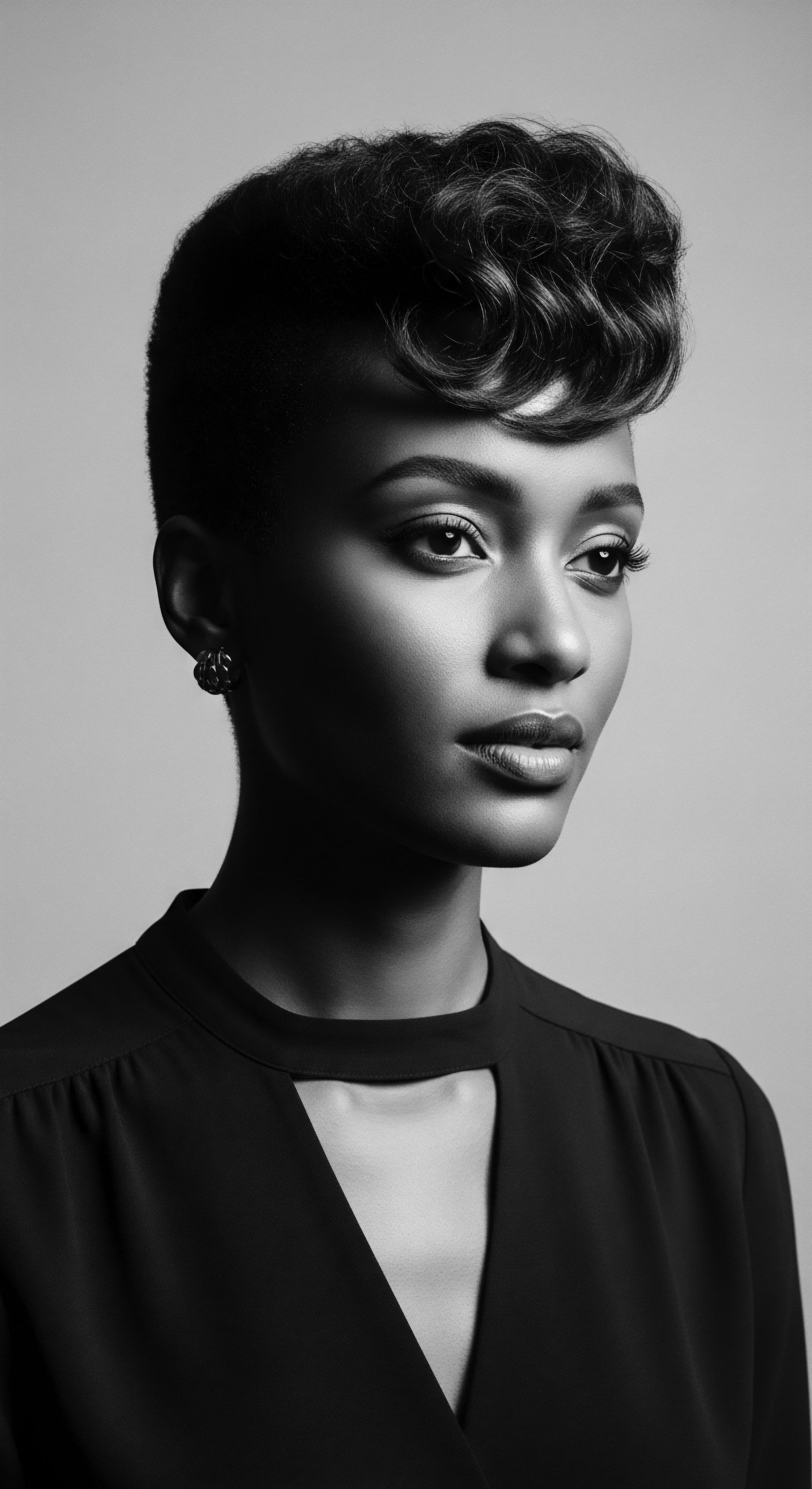 Elegant Woman with Sculpted Natural Hair Updo in Black and White The woman's elegant updo exemplifies sculpted artistry, reflecting cultural heritage and ancestral hair traditions. Her dignified gaze and the monochromatic palette elevate the composition, emphasizing the beauty and resilience inherent in Afro-textured hair, inviting contemplation on holistic hair wellness and identity.
