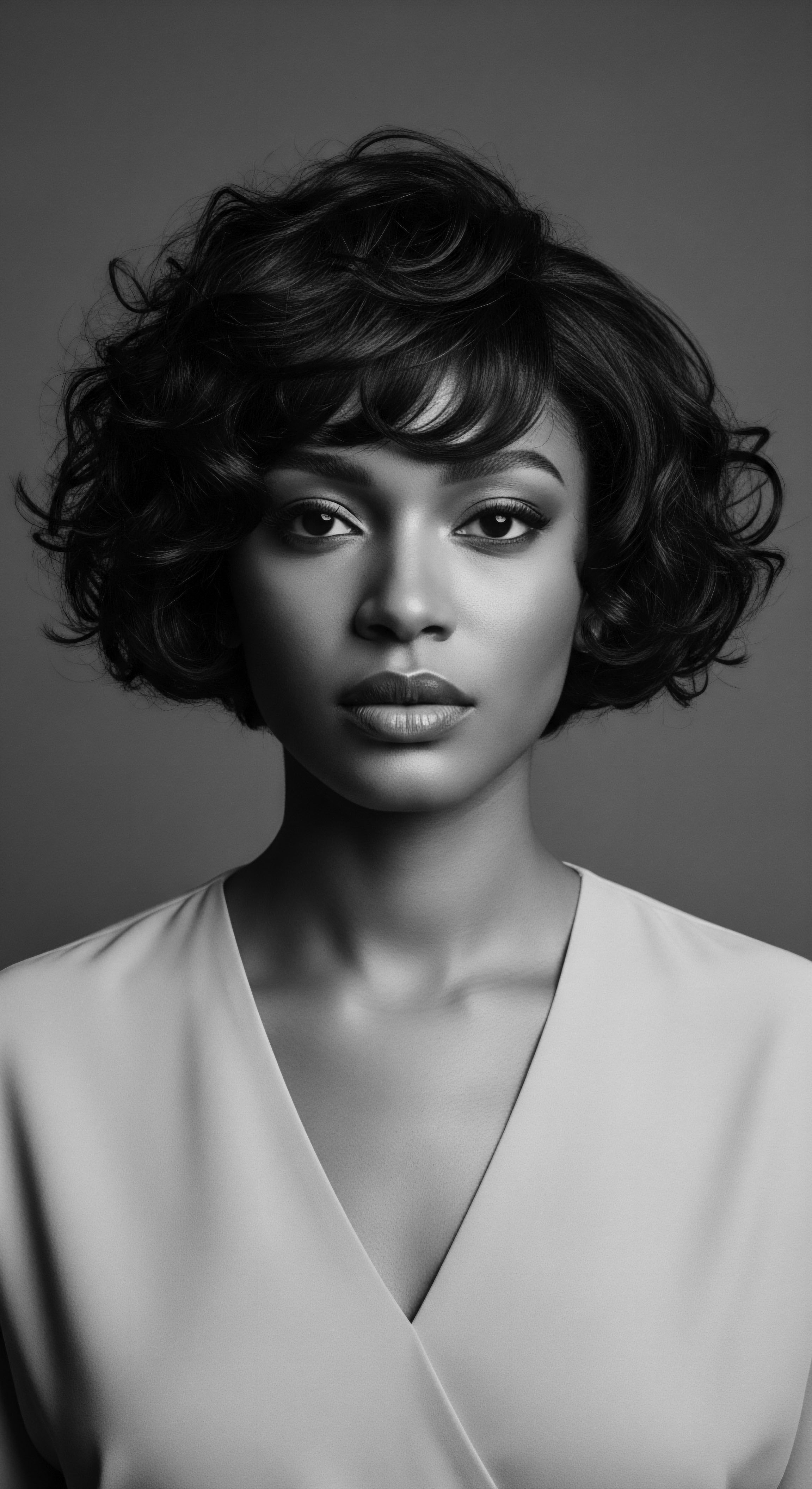 Elegant Woman with Short Coiled Hair Portrait in Black and White The black and white medium brings focus to the elegant silhouette of her coiled hairstyle and her poised expression. The image's composition evokes a sense of classic beauty, emphasizing the inherent grace and natural texture, celebrating heritage, wellness, and identity.