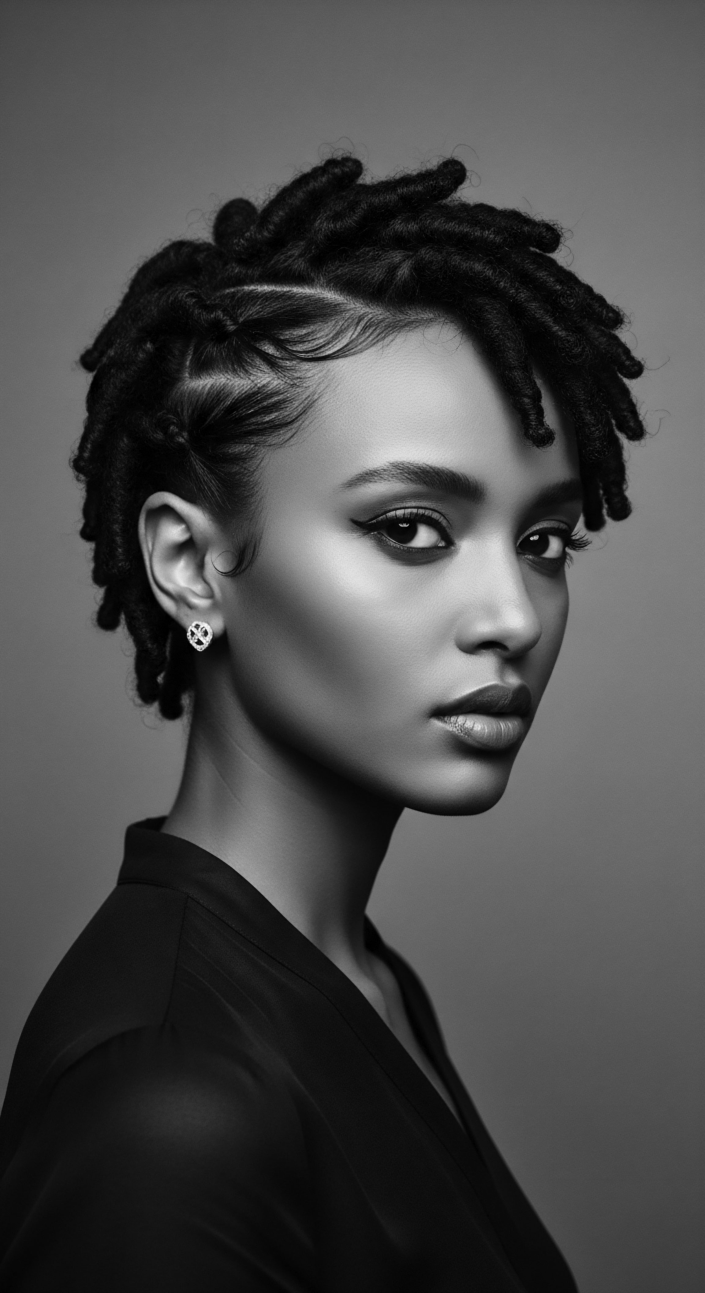 Elegant Woman with Short Locs Hairstyle and Defined Facial Features The monochrome aesthetic highlights the inherent beauty and geometric design of the carefully crafted locs hairstyle, creating a powerful statement of personal expression and cultural identity. With precise makeup and a sharp eye, the image captures her unique look, embodying both strength and elegance.