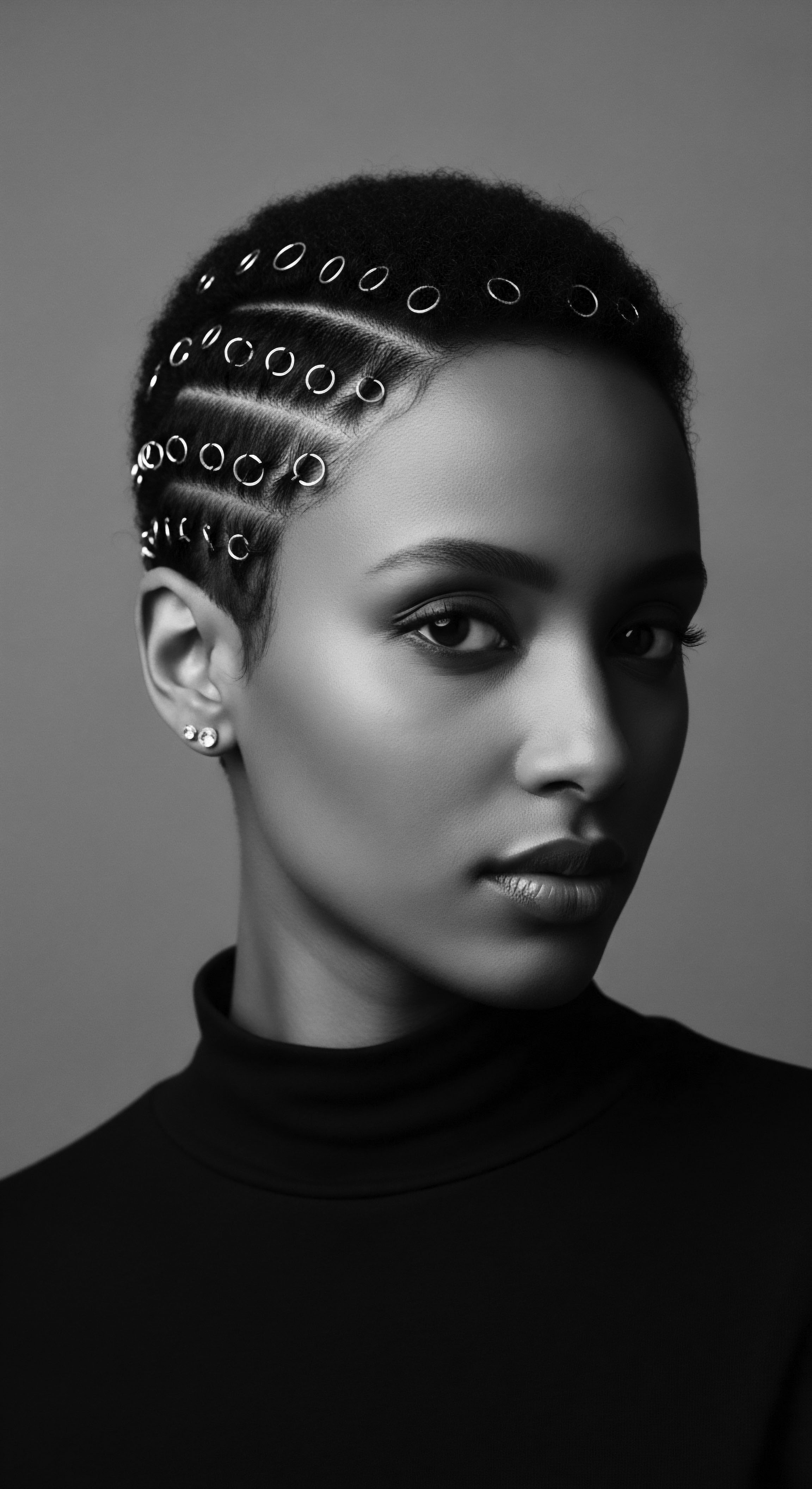 Elegant Woman with Short Textured Hair and Circular Hair Accessories The portrait invites contemplation on modern hair aesthetics, celebrating textured hair's versatility through striking adornments and mindful styling. The image serves as an artistic expression and a celebration of cultural heritage conveyed through a modern lens of beauty and sophisticated hairstyling techniques.
