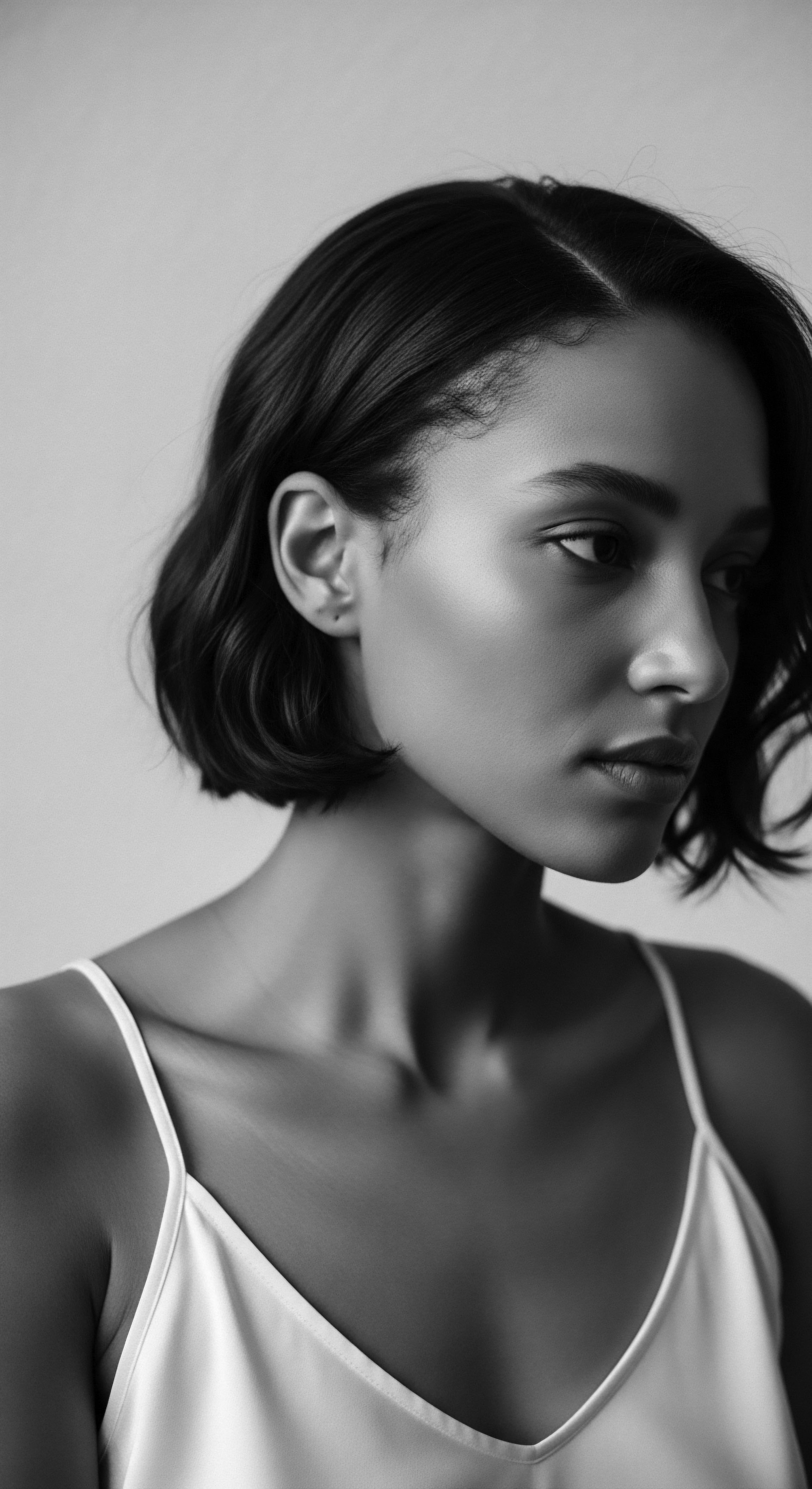 A striking black and white portrait showcases a woman's profile, emphasizing her short, dark, undulating textured hair. Her skin tone gleams with subtle highlights, accentuating her facial structure and refined features. She wears a simple camisole, contributing to an atmosphere of understated, timeless beauty and natural grace.
