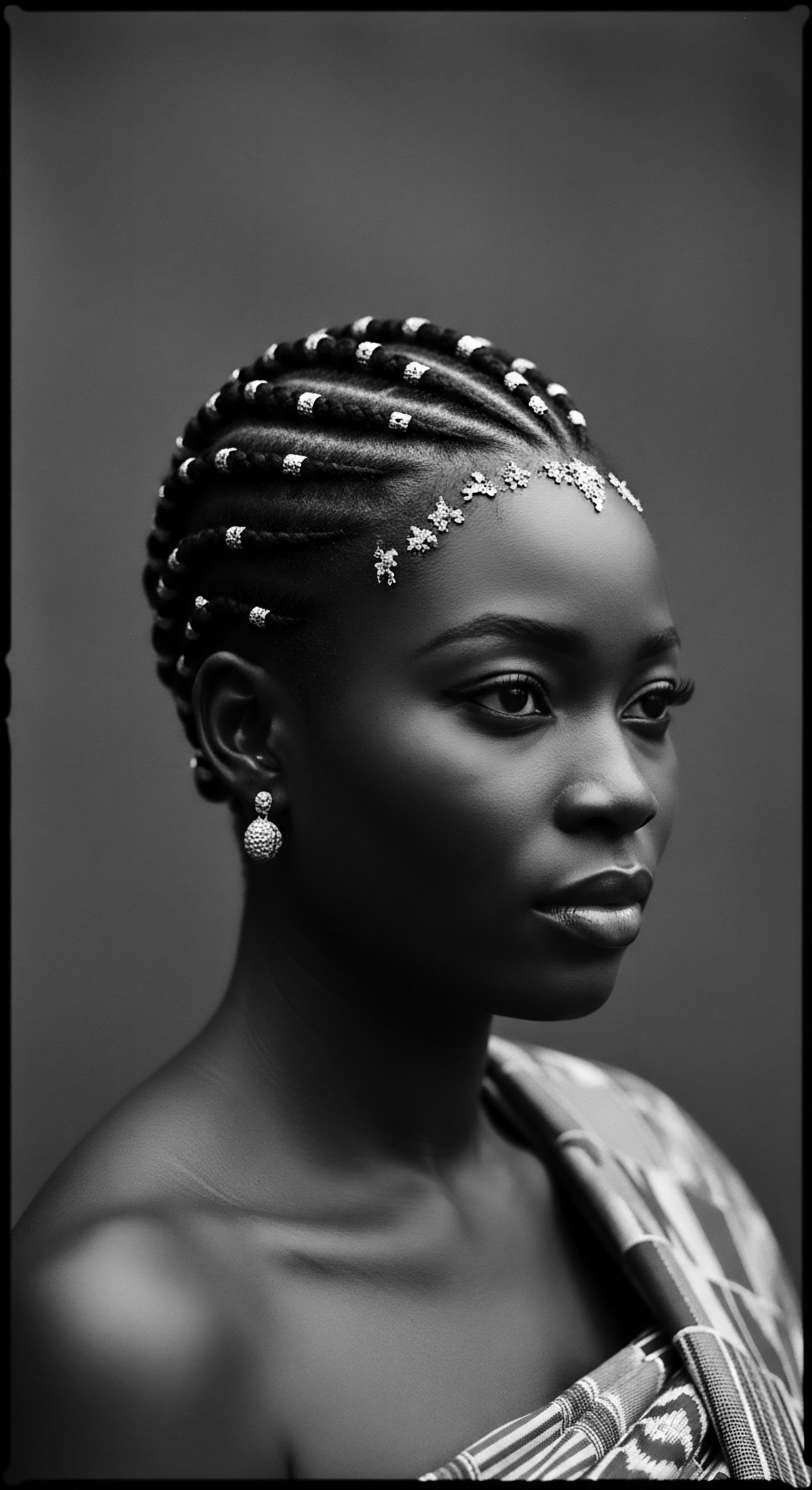 Elegantly Braided Natural Hair Adorned with Jewels Portrait in Black and White The monochromatic tones enhance the visual narrative of heritage and sophistication, emphasizing the beauty of braided natural Black hair adorned with cultural symbols. The portrait connects deeply to ancestral traditions through an elegant, expressive styling of hair, promoting wellness and identity.