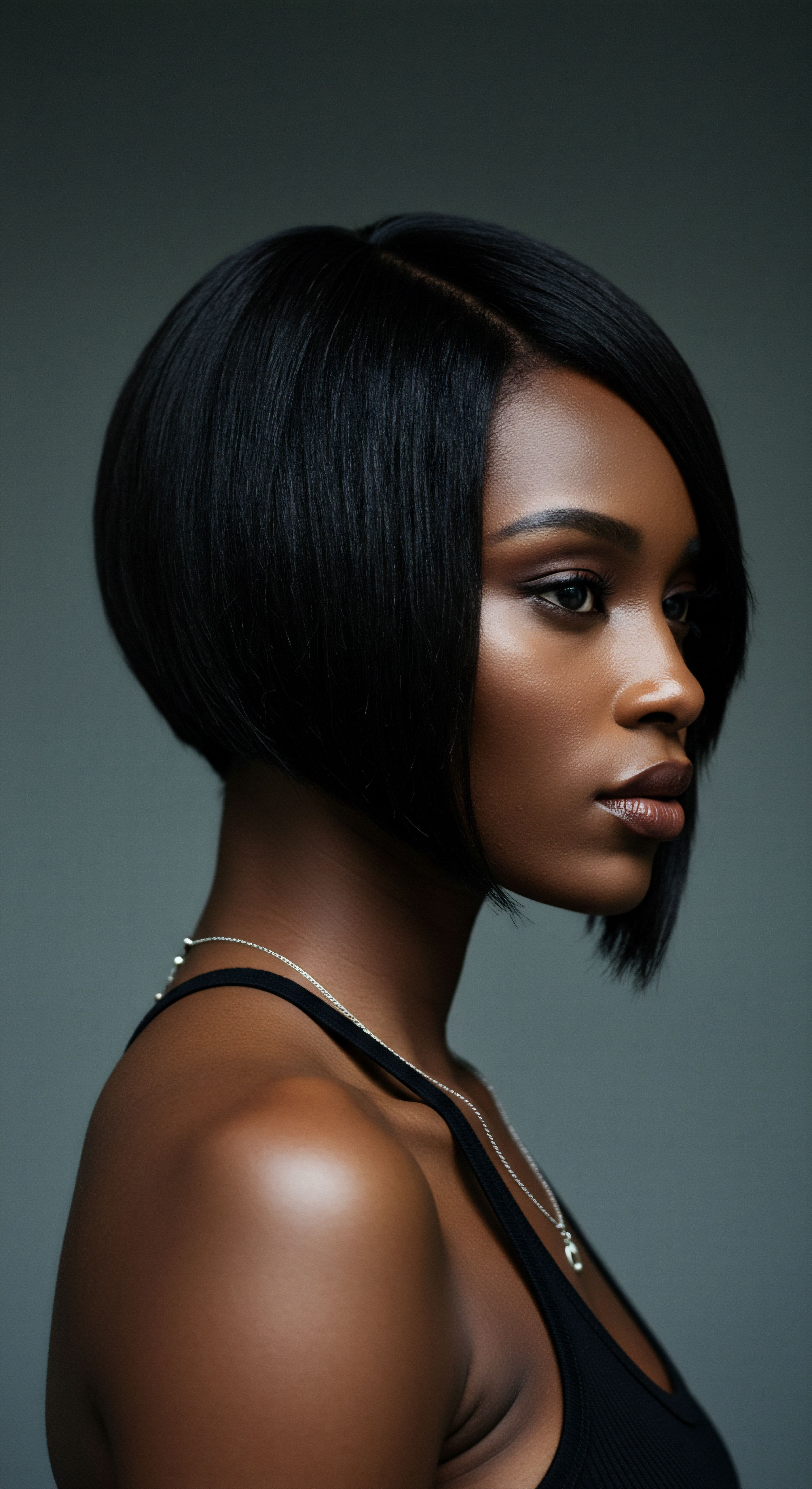 Elevated Hair Styling Highlighting Healthy Textured Hair Elegance This Black woman's sleek, lustrous bob embodies expert styling. Achieved through refined thermal techniques, her hair's high-density pattern reflects meticulous textured hair care, showcasing optimal low porosity strand health and heritage beauty. A testament to transformative hair care and advanced aesthetics.