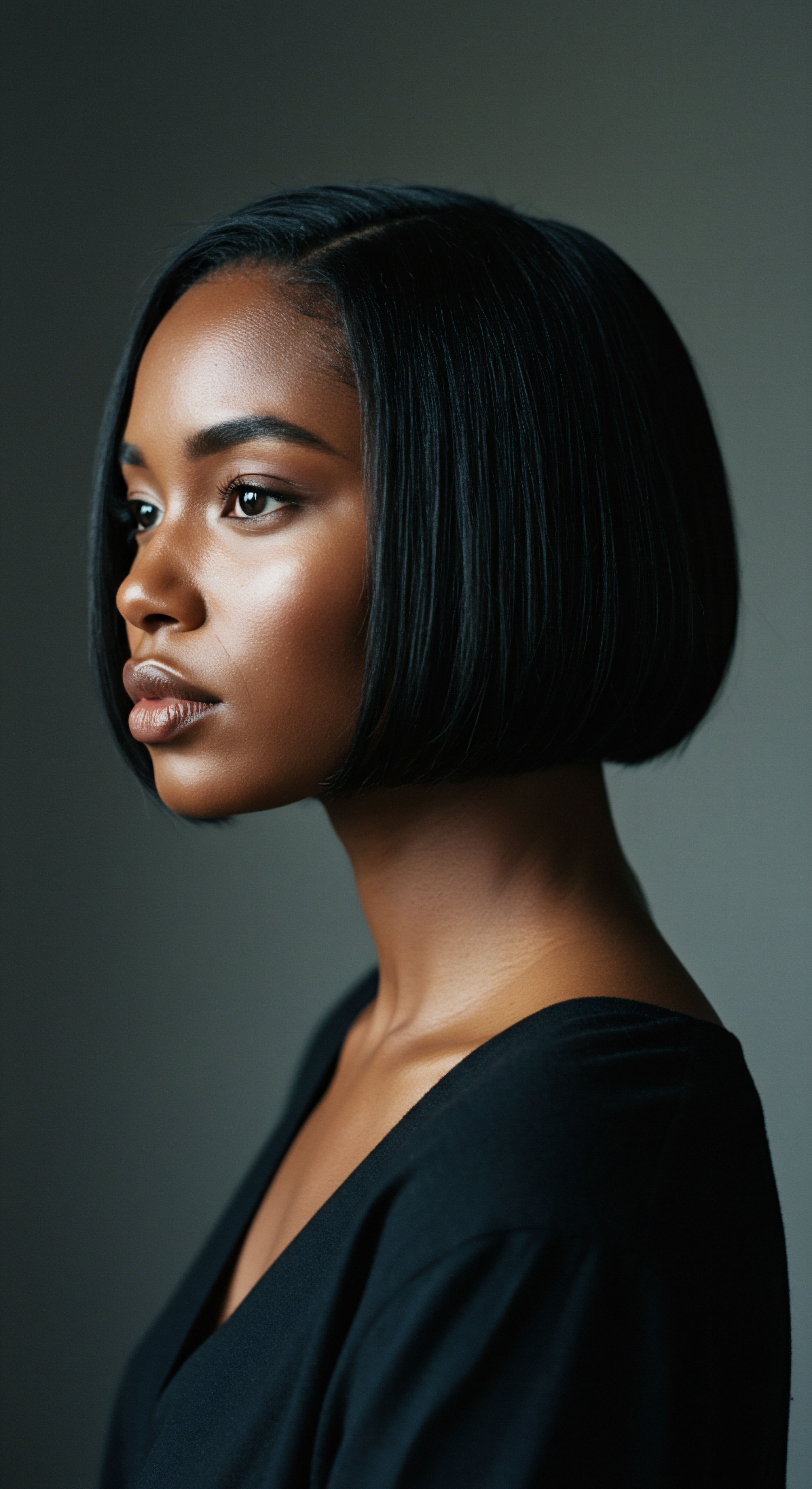 Elevated Silk Press Styling for Textured Hair Mastery and Polished Elegance Roothea celebrates a Black woman’s exquisite, sleek bob. This embodies masterful thermal styling on textured hair, displaying perfect cuticle alignment and superior frizz control. The radiant sheen reflects exceptional hair care ensuring optimal moisture retention.