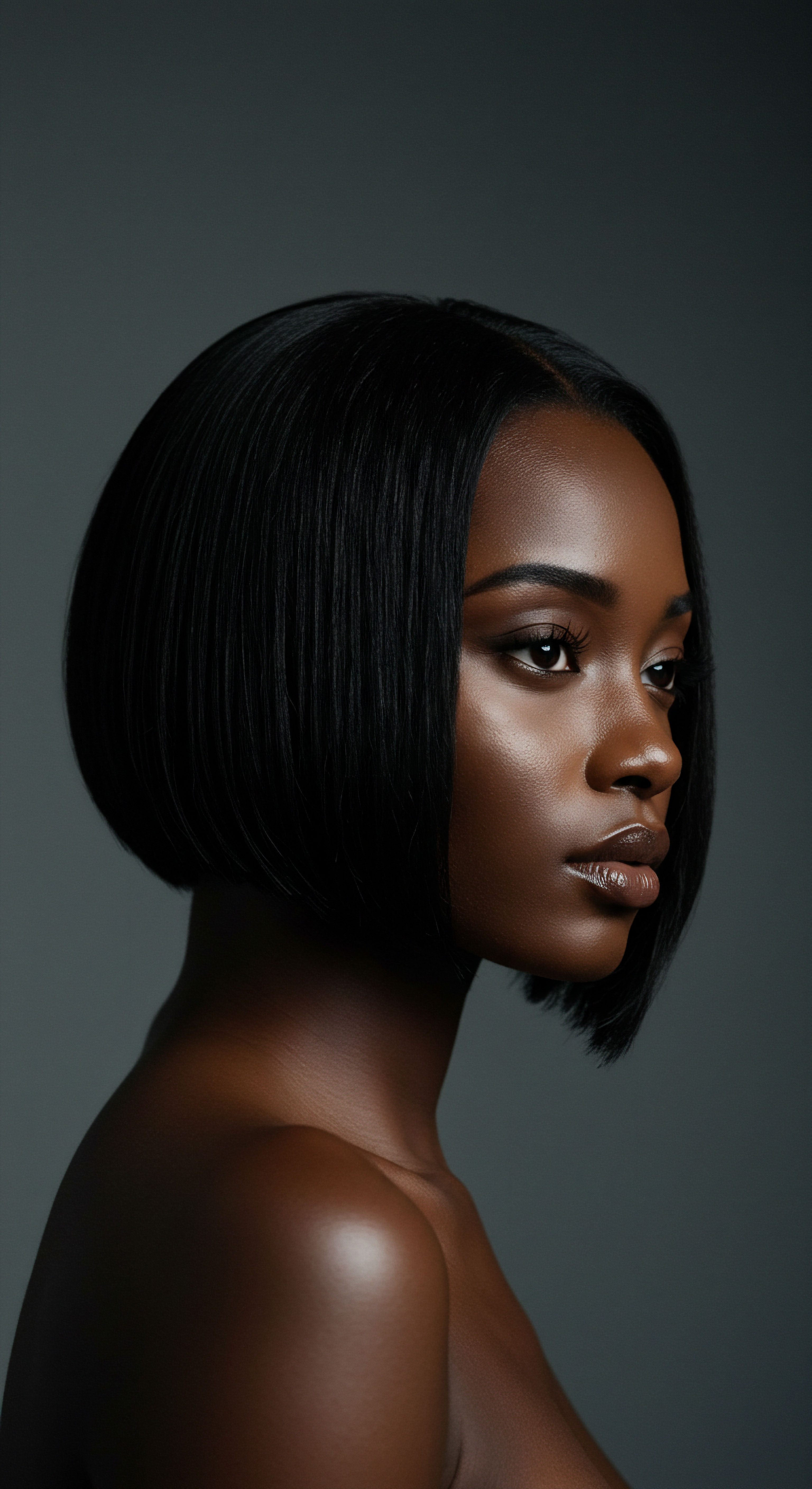 Elevated Thermal Smoothing Melanin Rich Hair Fiber Precision Bob Heritage Styling Versatile Finishes This striking profile celebrates black hair versatility, skillfully achieving a flawless thermal smoothed aesthetic through expert flat iron proficiency. The lustrous sheen and optimal cuticle alignment demonstrate superior strand resilience. This style signifies elegant texture manipulation, embodying modern heritage reverence and precise thermal protective styling practices.