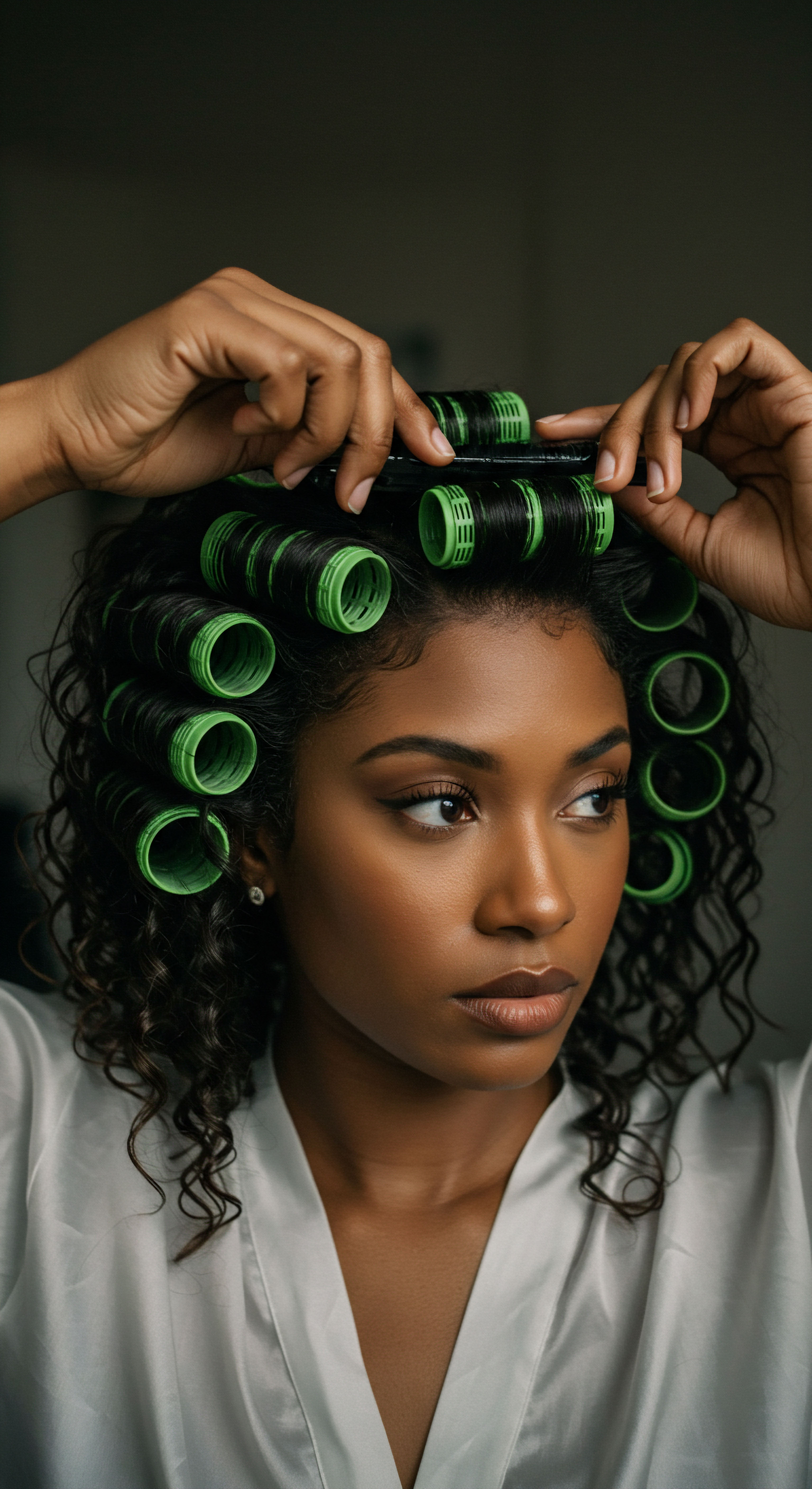 Elevating Patterned Hair Elegance Through Strategic Roller Styling Rituals An intimate natural hair setting captures refined uniform pattern and luxurious volume building. Skilled hands demonstrate meticulous strand alignment for post-set elongation, ensuring optimal texture resilience. This precise styling regimen fosters hair health, embodying ancestral hair art and dedicated care protocols.