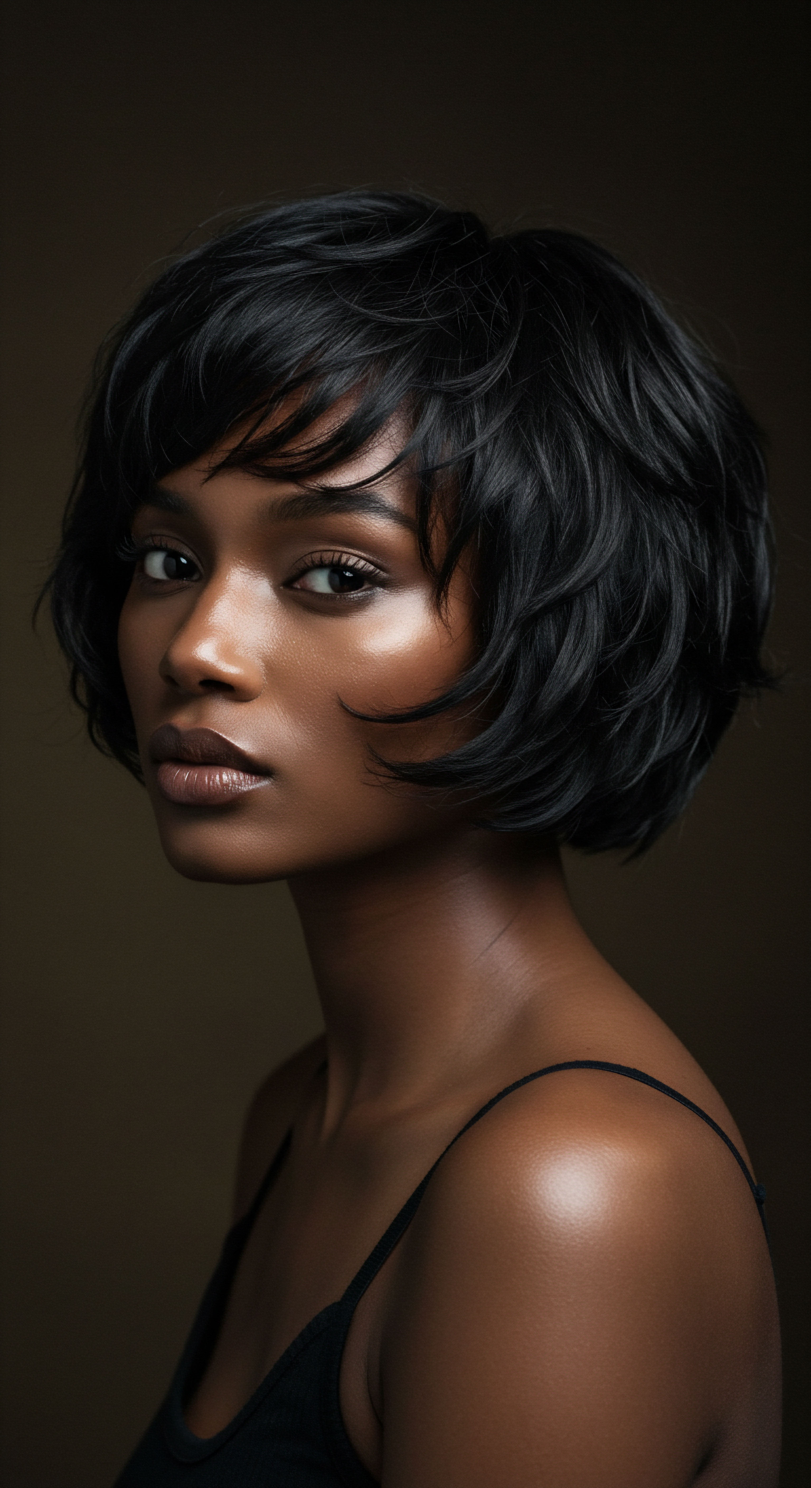 Elevating Textured Hair Resilience With Volume And Polished Layered Styling A captivating portrait highlights a luminous melanin-rich complexion. Her expertly shaped black textured hair reveals a volumetric pattern, reflecting supreme hydration and natural movement. This polished aesthetic underscores advanced strand vitality through dedicated hair health optimization and professional styling care.