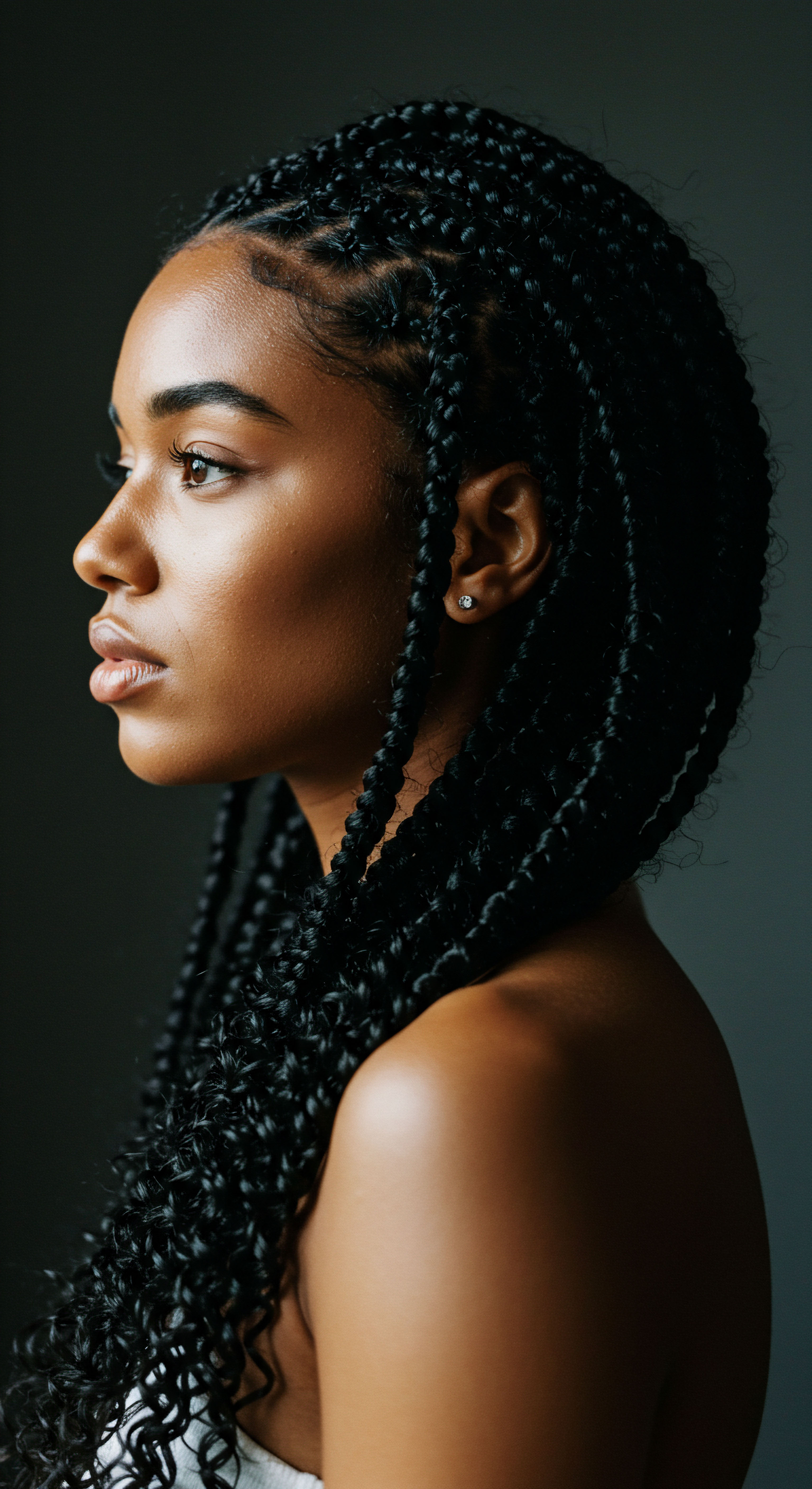Embracing Coily Hair Ancestral Braiding Protective Styling Scalp Vitality This striking portrait captures a woman with expertly crafted box braids, showcasing a revered protective style integral to Black hair heritage. The immaculate intricate braiding signifies dedicated hair care, fostering scalp health and hair preservation for vibrant coily textured hair. Her radiant look exemplifies mindful styling and optimal low porosity hydration.