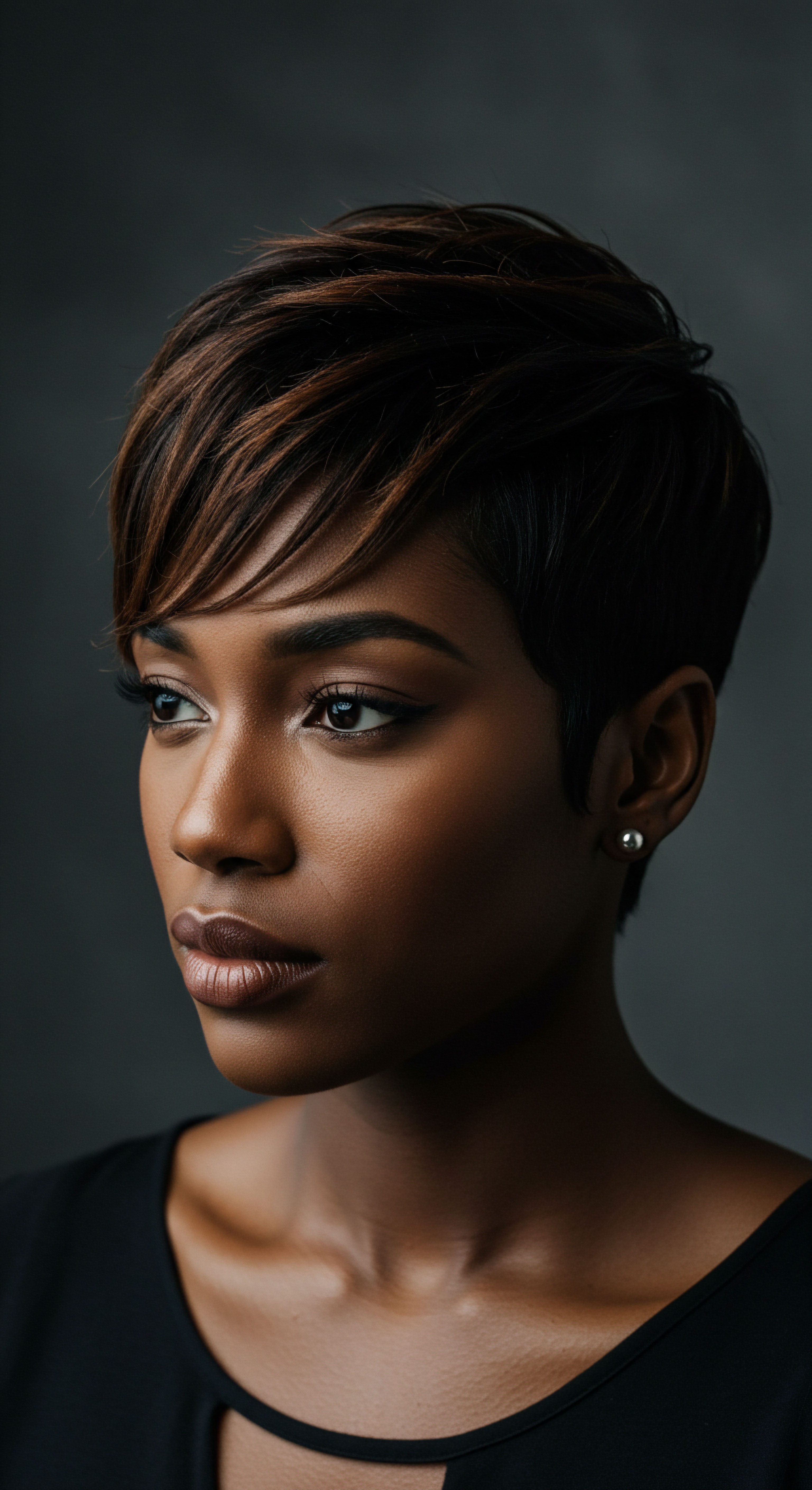 Empowering Dimensional Textured Hair Artistry Featuring Advanced Styling and Health This elegant visual underscores the beauty of a tailored short textured hair pattern, showcasing its rich brown hue and vibrant highlights achieved through strategic coloring. Her refined silhouette exemplifies low manipulation styling, deep conditioning, and diligent scalp health practices for ultimate moisture retention and radiant vitality, affirming Black haircare excellence.