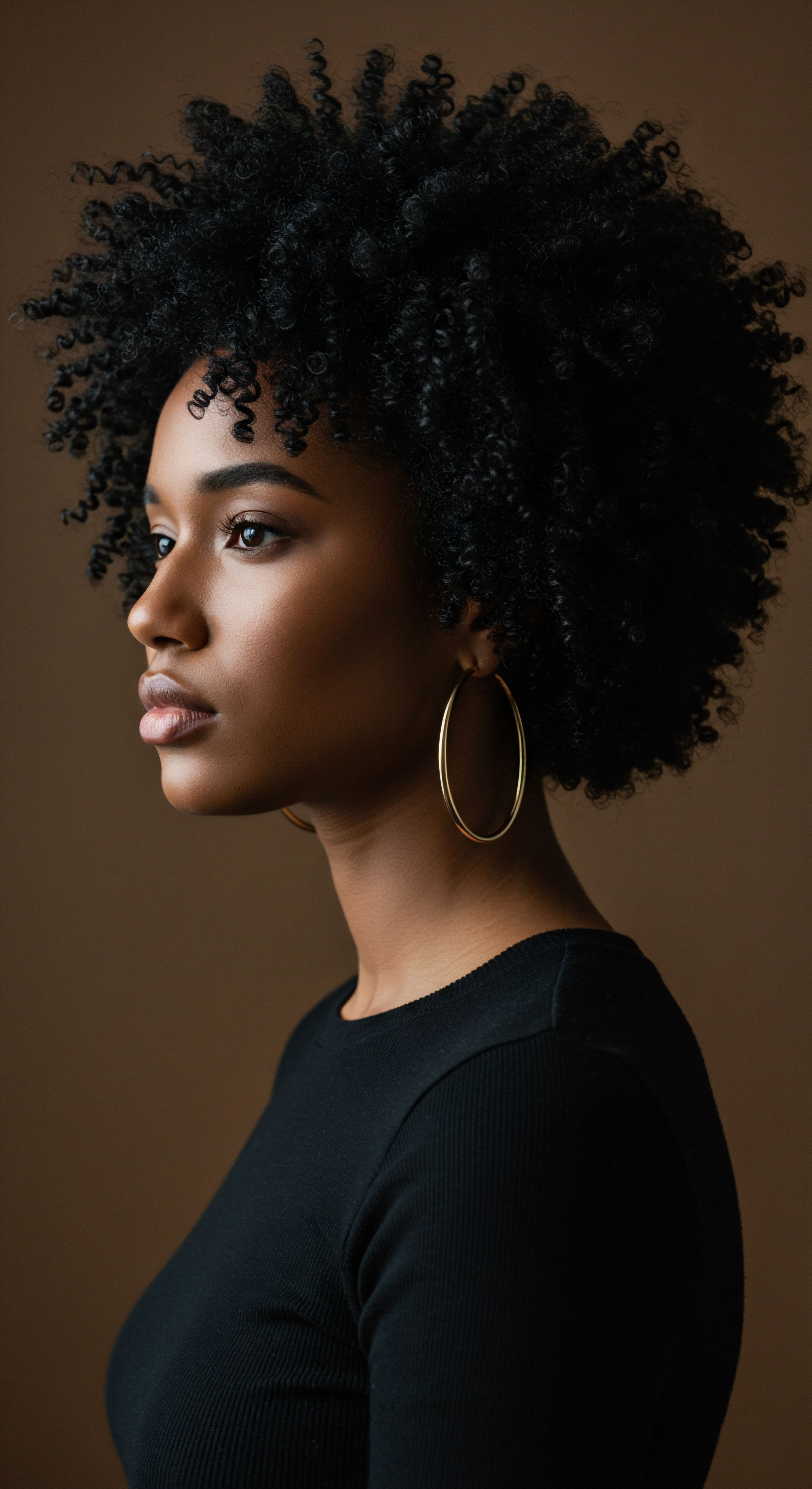 Empowering Profile Highlighting Afro-Textured Hair Radiance and Authentic Heritage This powerful portrait highlights deeply conditioned, springy coily texture, exemplifying optimal moisture retention and shine. It's a testament to intentional natural hair care, honoring diverse heritage through expressive styling and fostering confidence in embracing unique porosity patterns, promoting exceptional hair health.