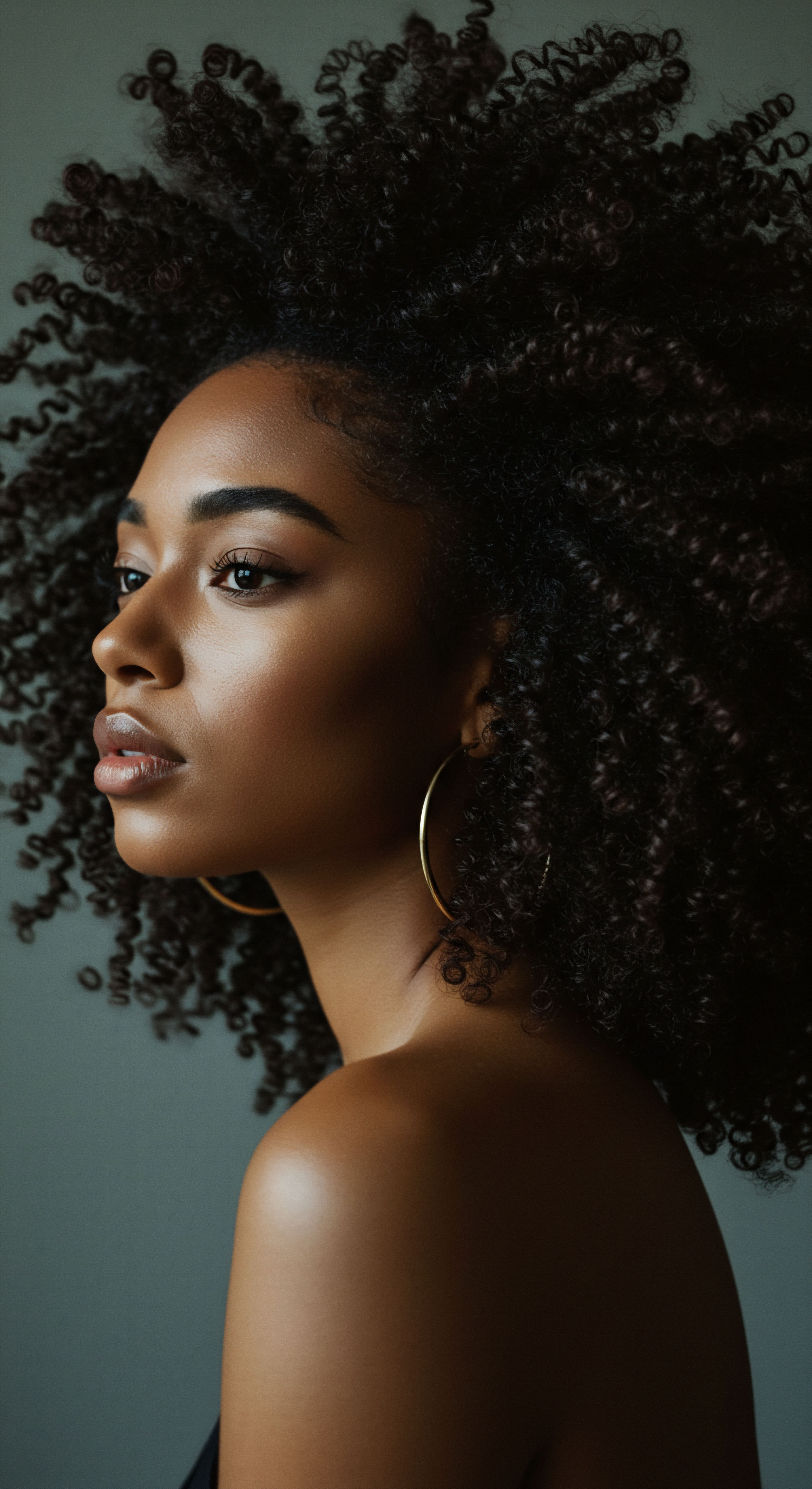 Empowering Textured Hair Volume Reflecting Heritage and Natural Coily Pattern Health A stunning profile showcases voluminous dark coily hair with exquisite pattern definition. Radiant skin reflects dedicated hydration, promoting scalp health, elasticity, and resilient growth. This image embodies ancestral beauty, celebrating natural texture and multi-generational styling traditions.