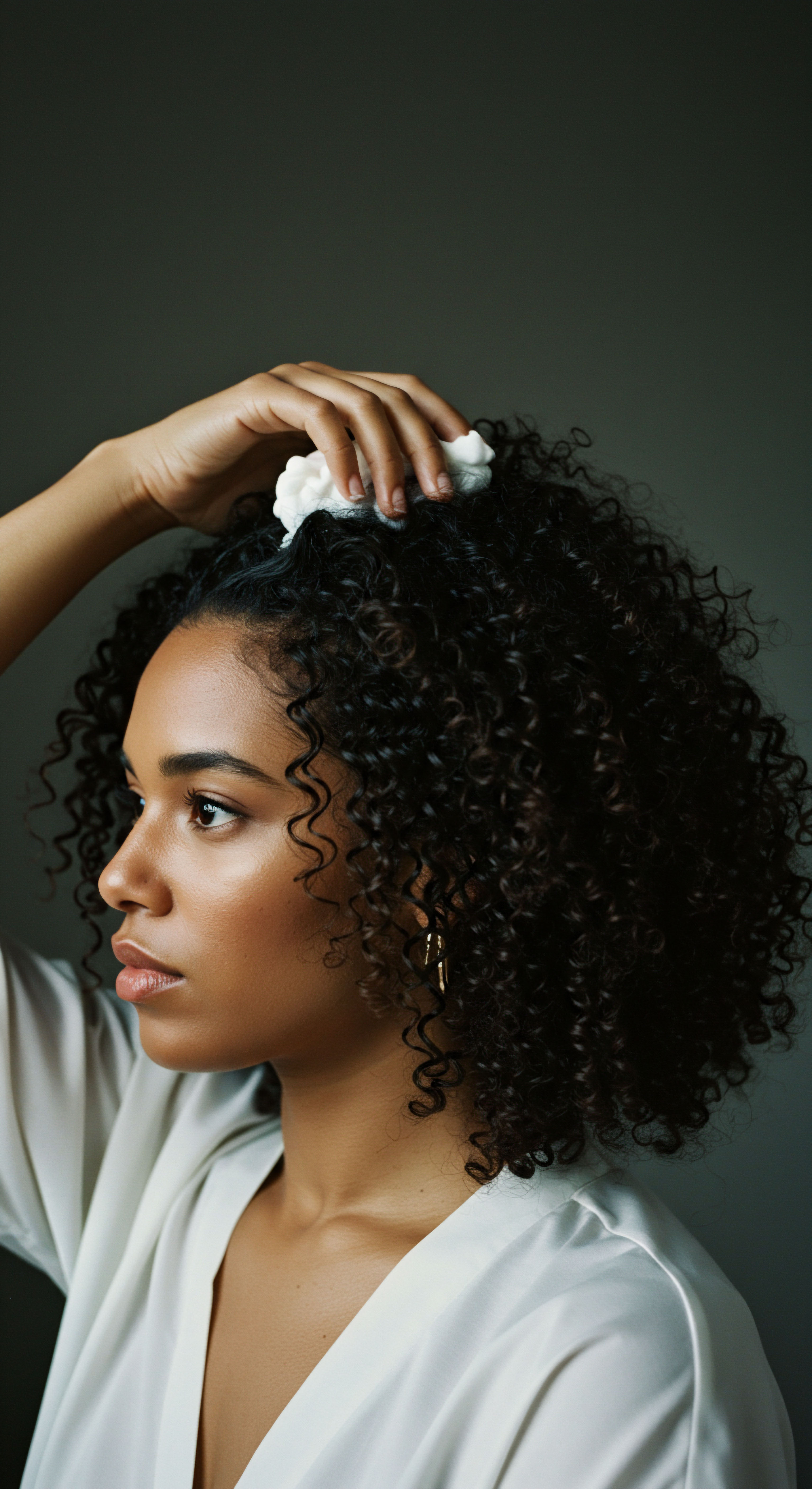 Enhancing Defined Coils Through Targeted Hydration and Ancestral Hair Care Rituals A mixed-race woman thoughtfully engages in textured hair care. Applying a white element to her black hair emphasizes diligent styling, enhancing scalp health and defined coil patterns. This vital ritual ensures deep hydration and moisture retention, honoring her heritage and promoting lasting natural hair strength.