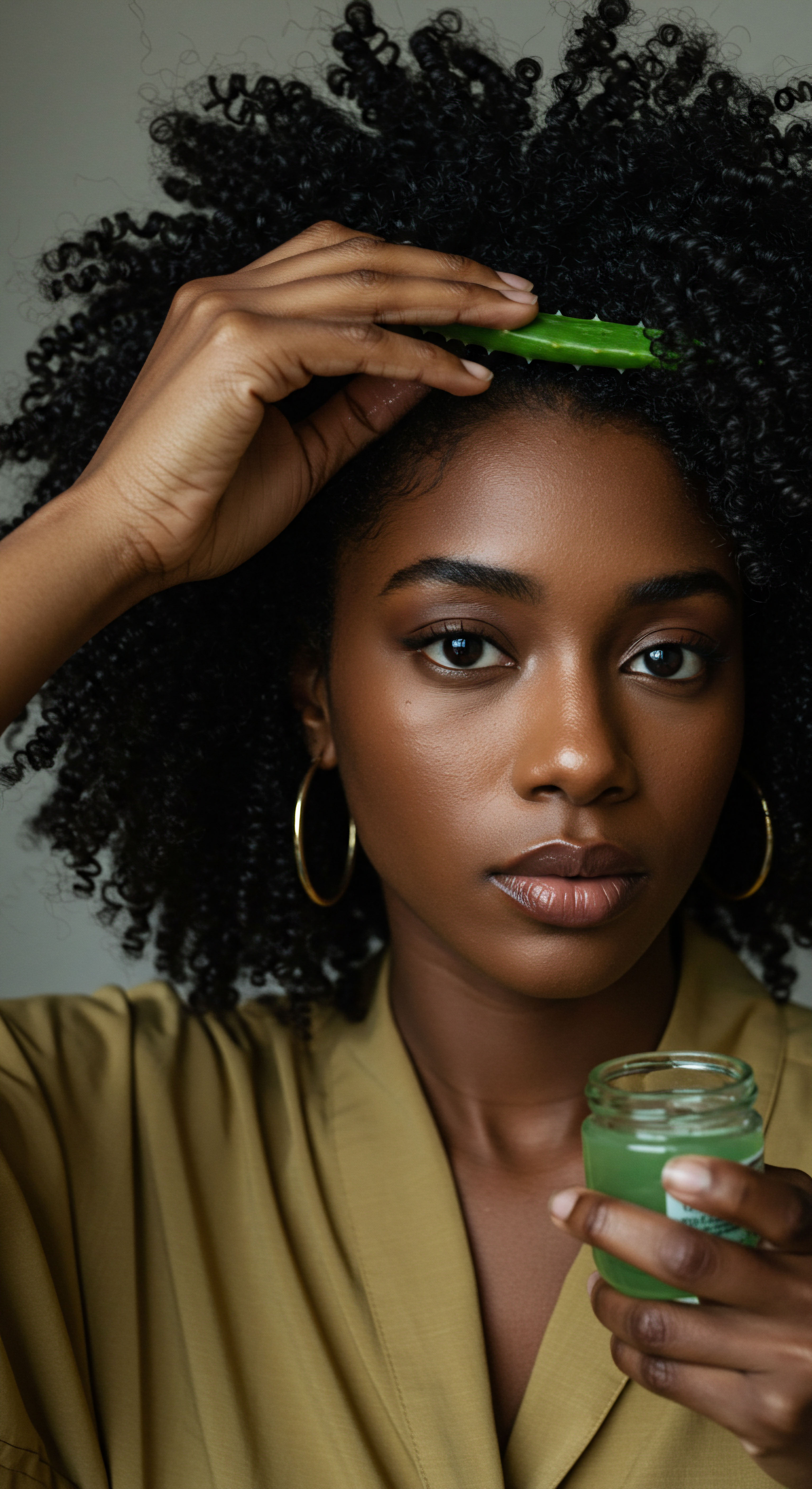 Enhancing Natural Coils and Scalp Health with Heritage Botanicals This intimate portrait captures a Black woman’s essential heritage care ritual for textured hair. She expertly applies fresh aloe vera to her scalp zone, promoting follicle vitality and deep moisture infusion for her stunning coily patterns. This practice optimizes porosity balance, enhancing pattern definition and natural spring resilience for authentic afro-centric styling and ultimate hair wellness.