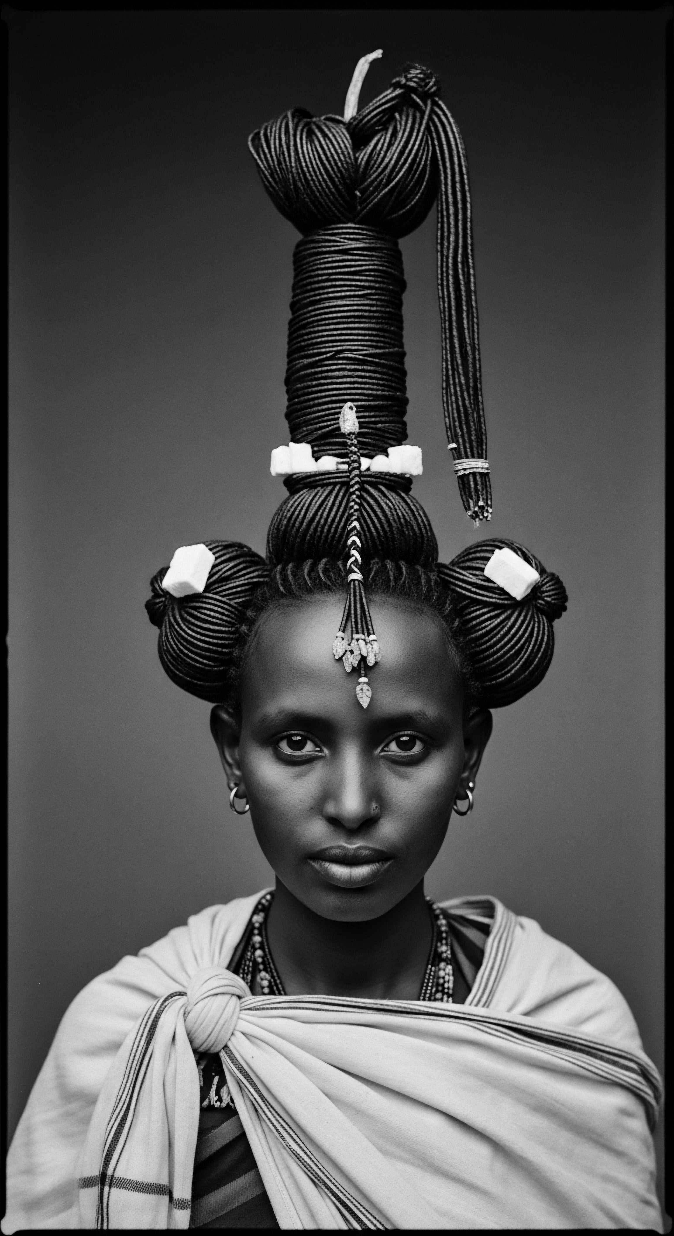Ethiopian Woman Traditional Hairstyle Adorned with Braids and Ornamental Headpiece Evoking ancestral beauty practices, the portrait encapsulates the Ethiopian woman’s striking braided guta hairstyle and ornamental headpiece, highlighting sebaceous balance care while conveying heritage. It represents an intersection of cultural expression and hair artistry utilizing traditional techniques.