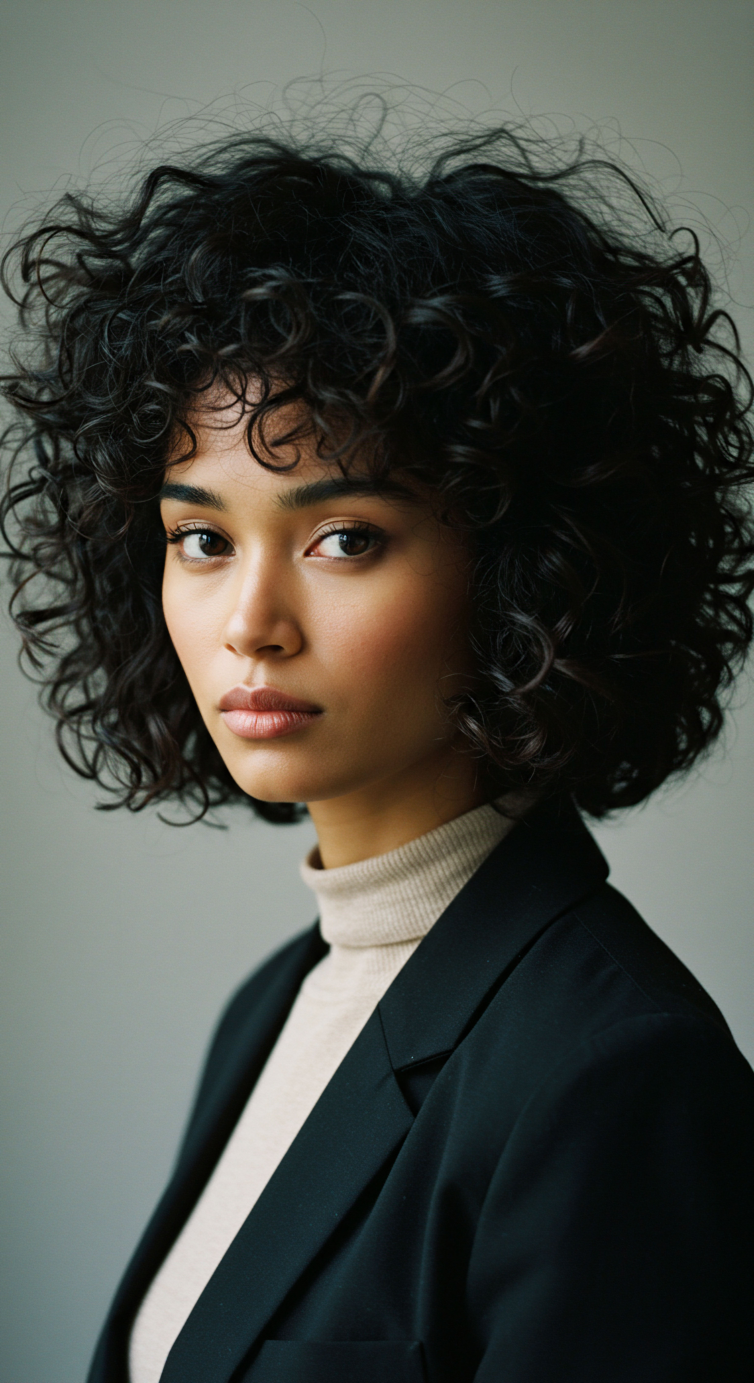 Exemplifying Deep Rich Coily Textures Celebrating Ancestral Hair Heritage Mixed-race woman displays vibrant coily patterns in her rich, dark textured hair. Exceptional definition reflects dedicated care for strand resilience, optimal hydration, celebrating her proud Black hair heritage and versatile expert styling.