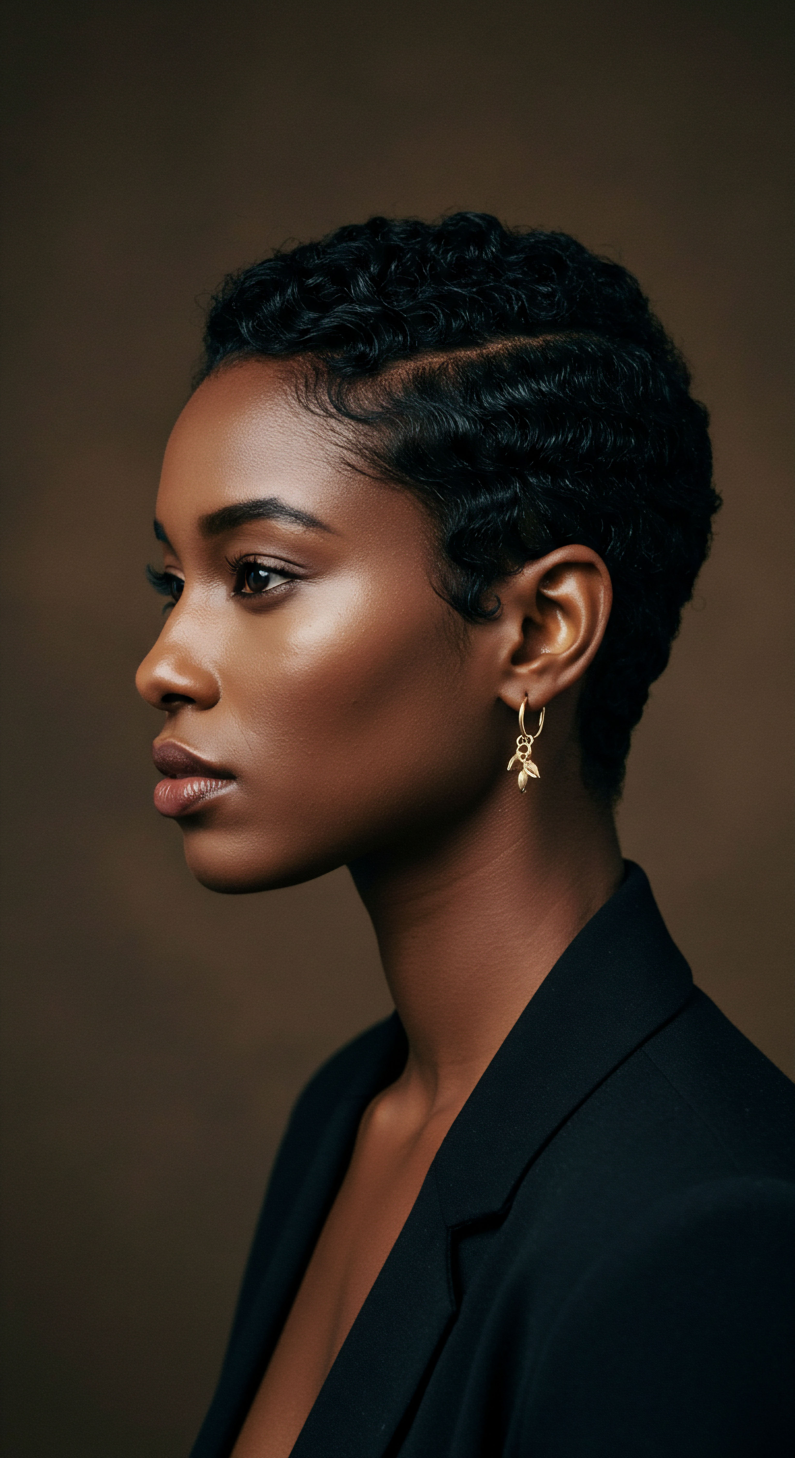 Exemplifying Flawless Finger Wave Pattern Definition And Textured Hair Care Excellence Adorned in exquisite gold, this striking portrait illuminates expert natural styling. Her meticulously crafted short textured hair, exhibiting perfectly molded finger wave patterns, showcases dedicated scalp nourishment and strand integrity. This image beautifully encapsulates Black hair heritage and the benefits of sophisticated care for resilient, vibrant textures.