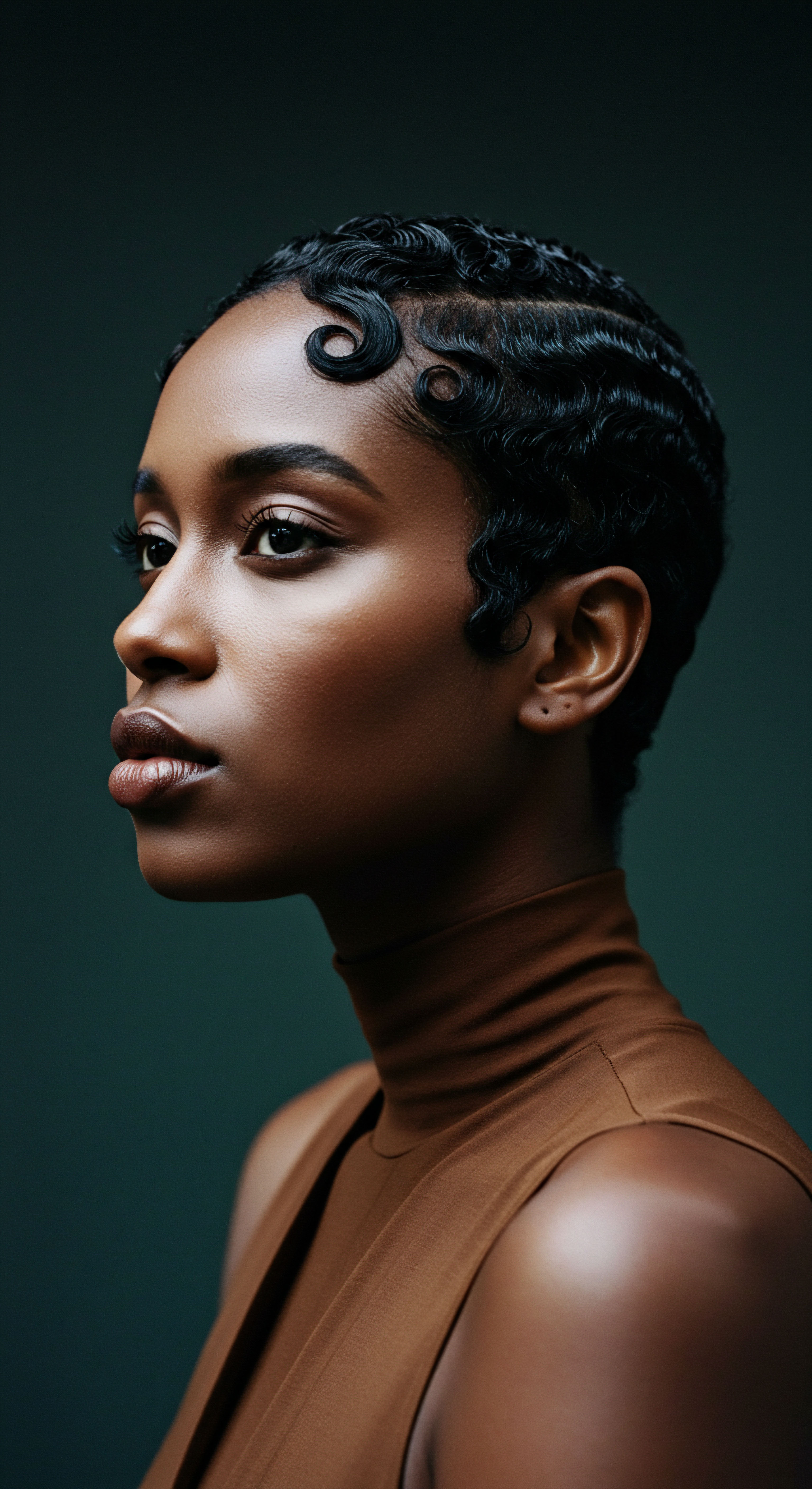 Expert Sculpted Waves Highlighting Textured Hair Care And Styling Dark textured hair exhibits precise sculpted waves and delicate coils. This fingerwave pattern showcases meticulous Black hair care, promoting low porosity hydration, brilliant shine, and impressive hair integrity. This image truly embodies advanced styling techniques while honoring profound heritage.