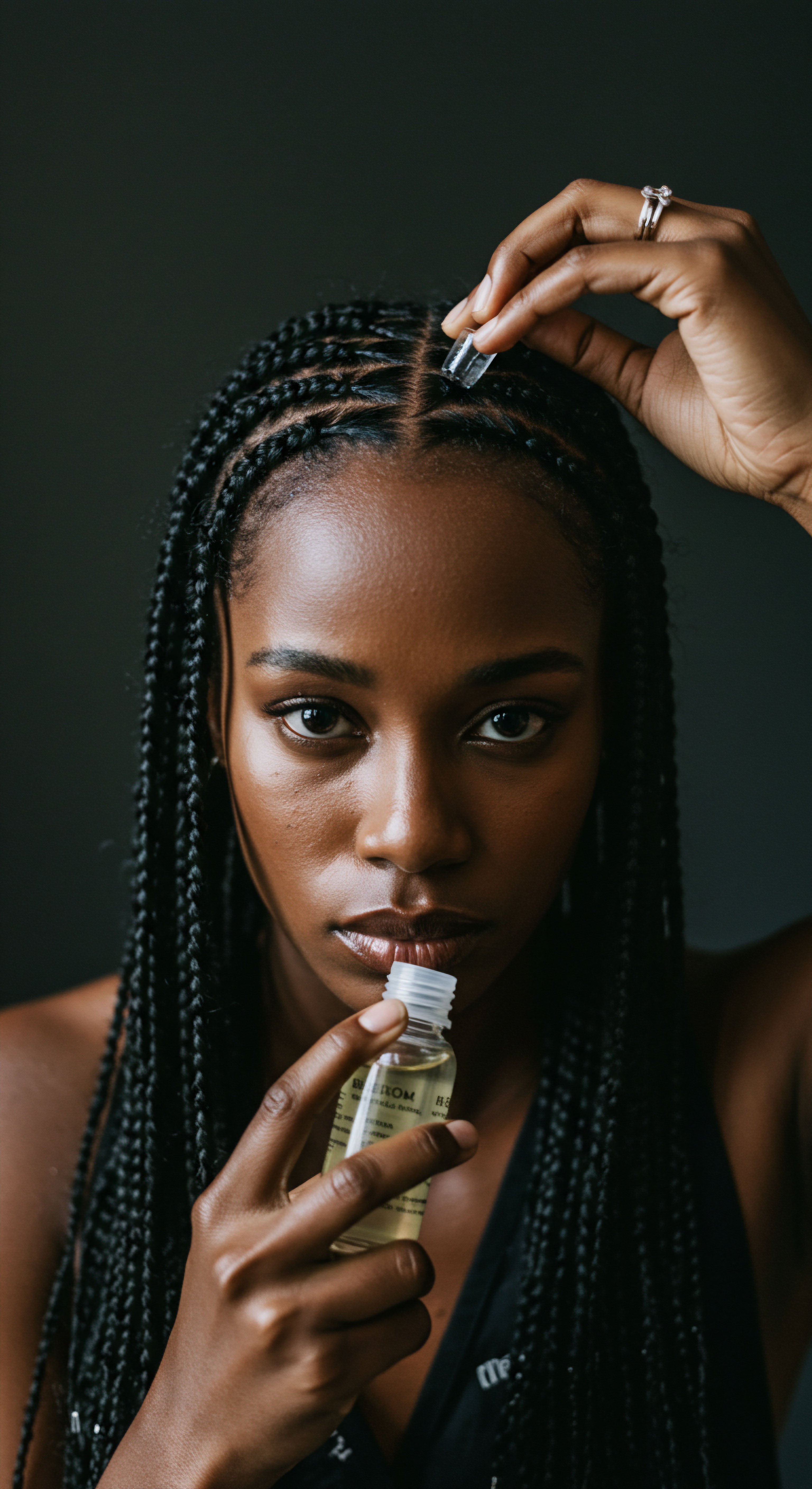 Expert Textured Hair Care Applying Potent Serum to Protective Braids A person with meticulously maintained textured hair displays foundational box braids, a key protective styling technique. A specialized scalp serum provides precise follicular nourishment, promoting robust hair growth and balanced sebum. This diligent scalp care is crucial for holistic Black hair wellness, embracing heritage and enhancing natural patterns.