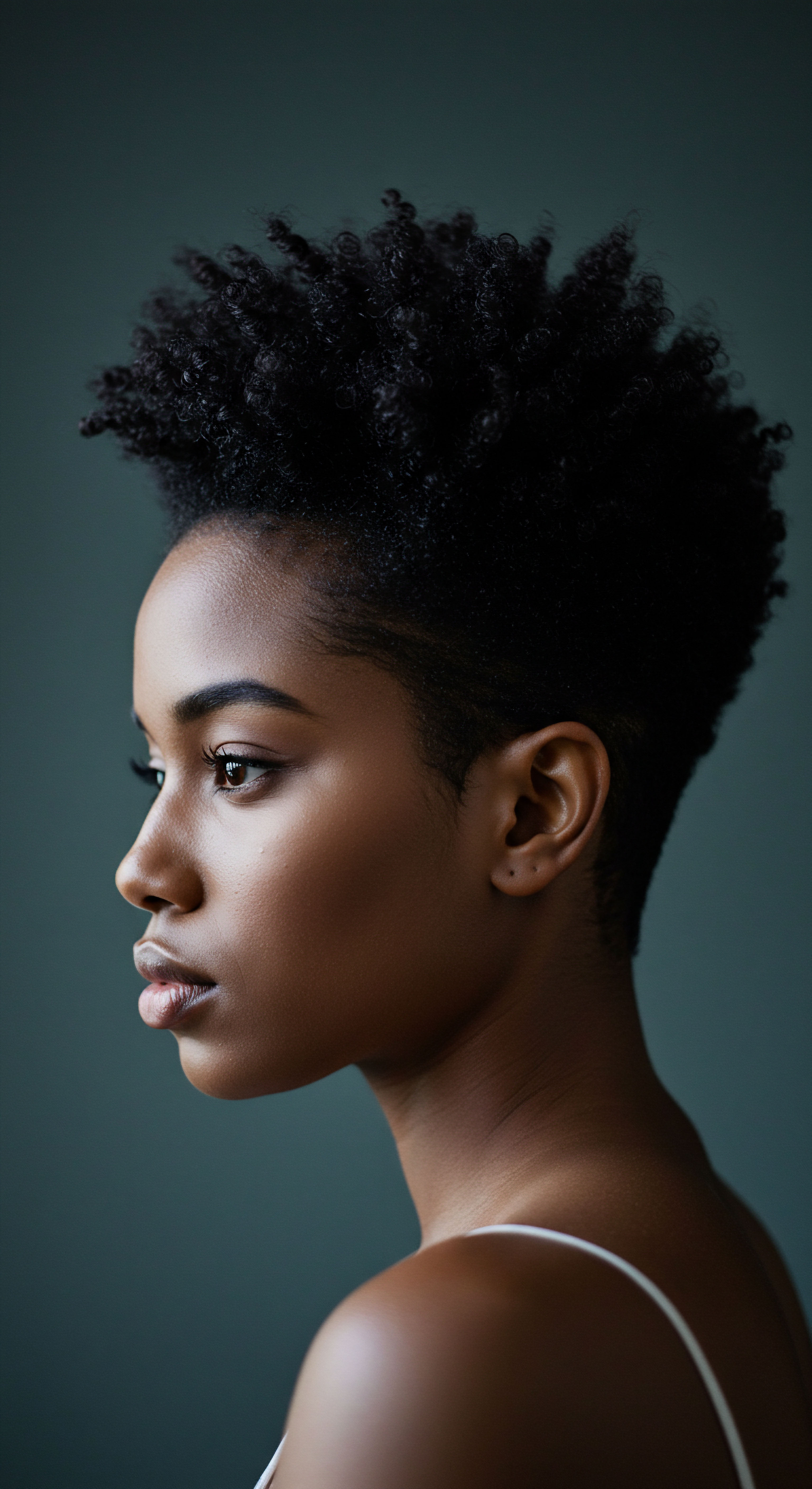 Exquisite Afro-textured Pattern Showcasing Coily Hair Heritage and Styling This portrait exquisitely highlights a woman's natural afro-textured black hair, styled with a distinct high-density coily pattern. It exemplifies dedicated hair care focusing on moisture retention and scalp health. Her radiant texture deeply celebrates ancestral heritage through conscious mixed-race hair styling.