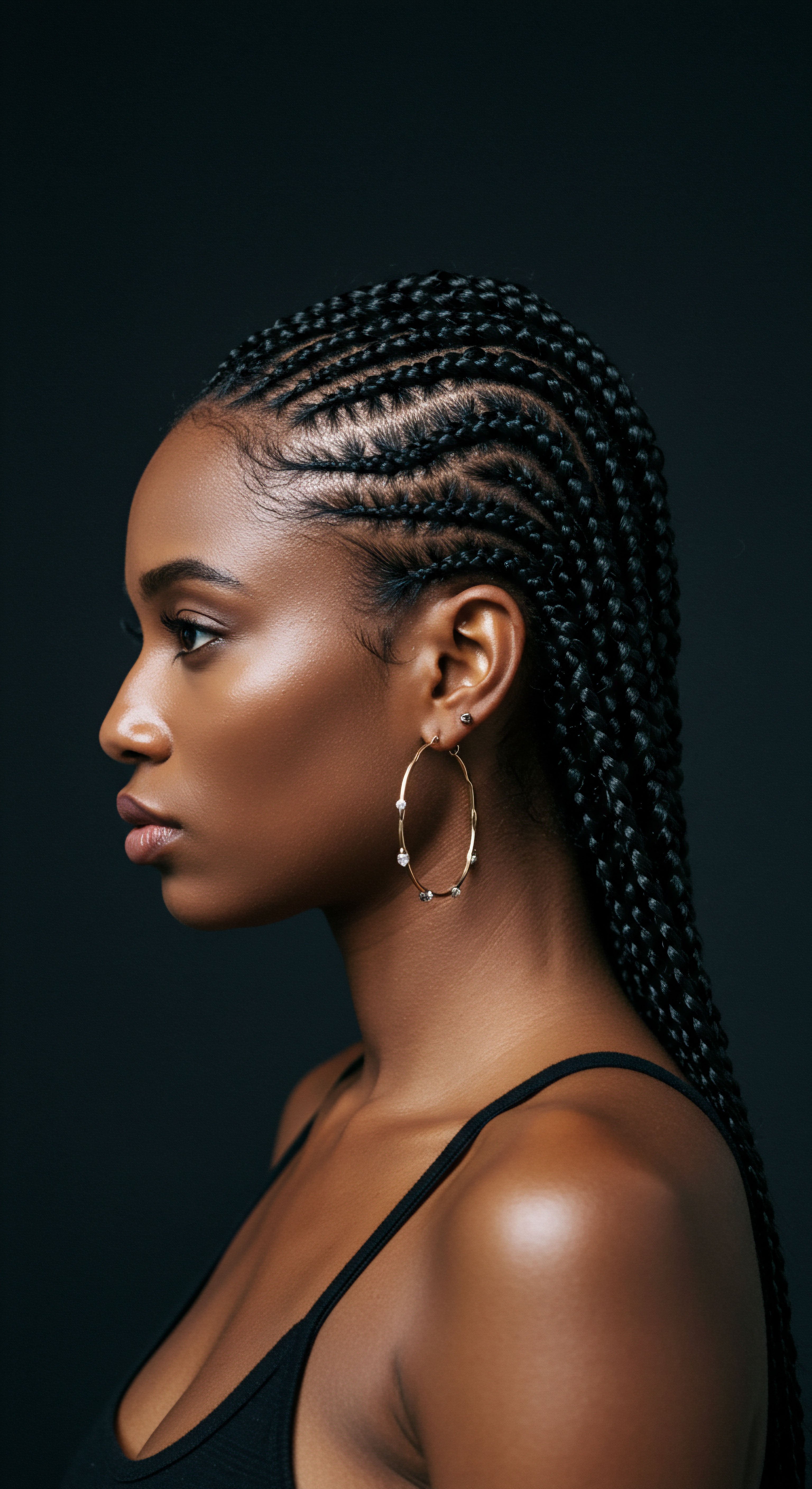 Exquisite Cornrow Braids Showcasing Protective Styling and Textured Hair Vibrance A captivating profile highlights exquisite cornrow braids, a perfect embodiment of protective styling for beautiful, coily, Afro-textured hair. This meticulous artistry showcases diligent scalp care, optimal moisture retention, and rich cultural heritage. It reflects strong hair fiber, promoting natural elasticity and resilience through expert textured hair styling.