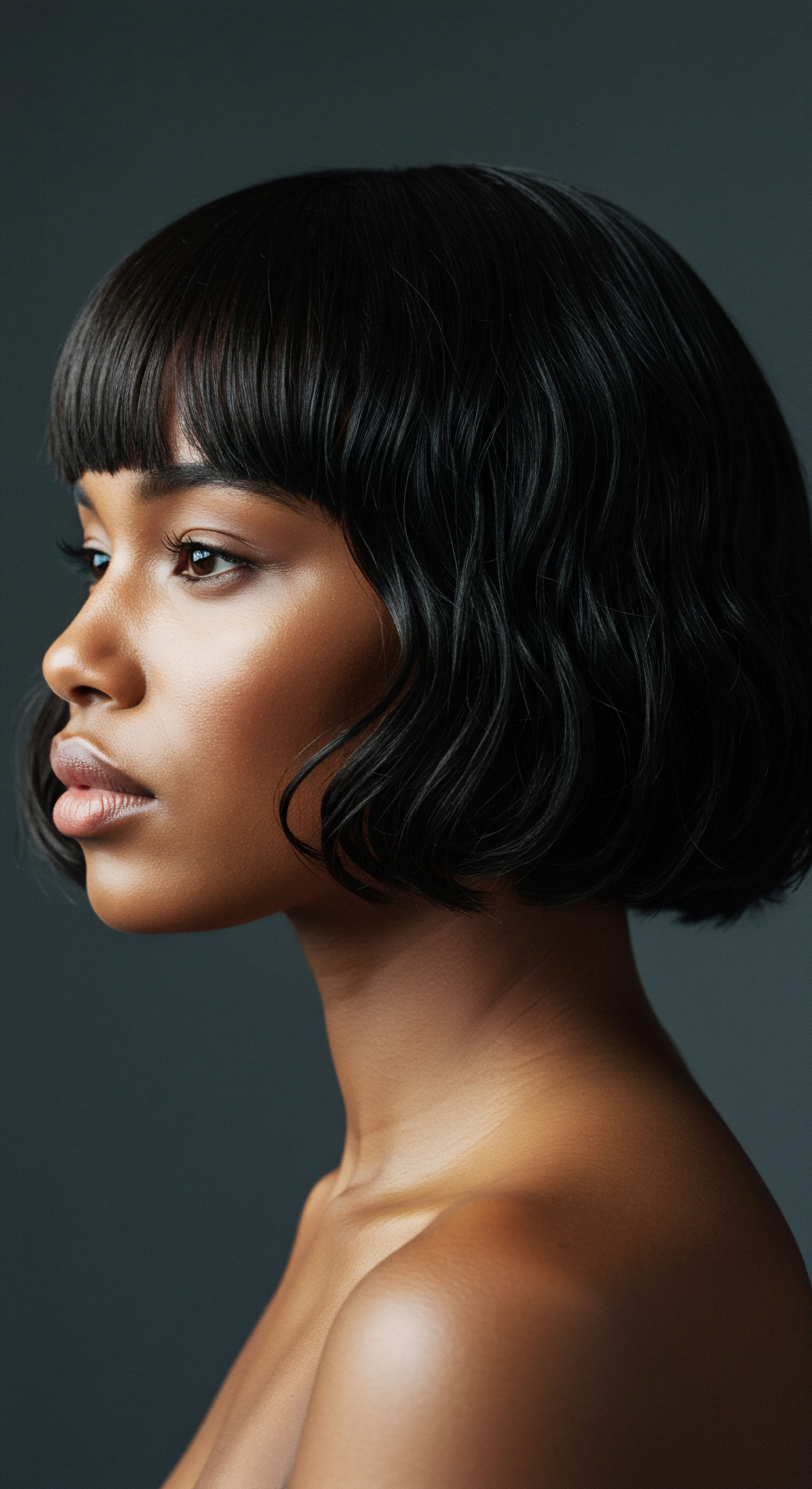 Exquisite Mixed Heritage Hair Polished Wave Pattern A striking portrayal of mixed-heritage beauty shines through luminous dark hair. Its exquisite wave pattern, styled into a sleek bob, highlights advanced thermal care and deep hydration. This achieves vibrant hair resilience and unmatched smoothness, exemplifying versatile hair styling practices that celebrate unique hair patterns and rich cultural heritage.