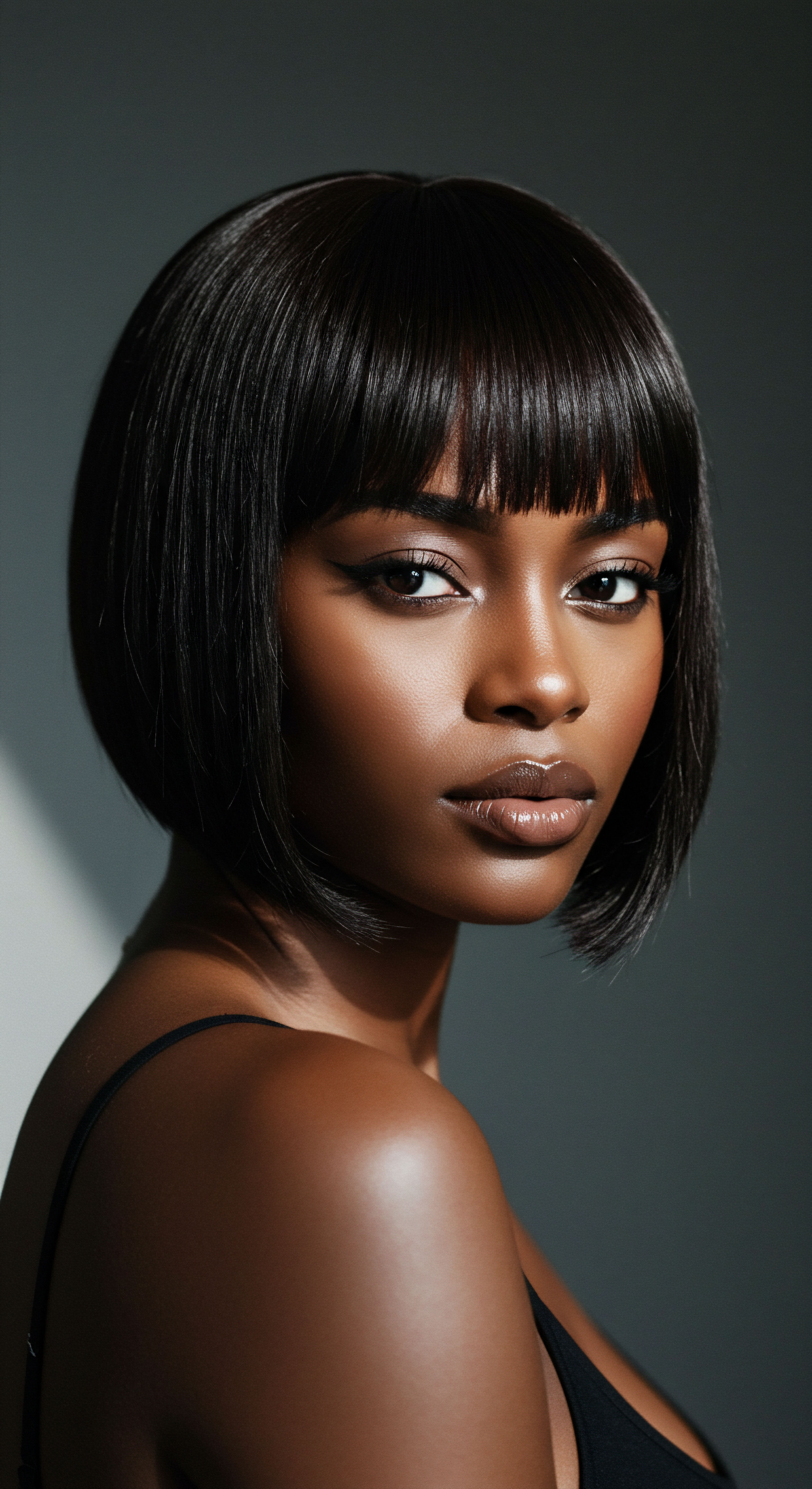Exquisite Silk Press Styling For Luxurious Textured Hair Health This compelling portrait presents a beautiful manifestation of textured hair mastery, featuring a sleek, thermal-styled bob. It showcases exceptional frizz control and radiant lustrous shine, underscoring the vital importance of consistent hair care, scalp nourishment, and celebrating the deep richness of Black hair heritage through versatile styling artistry.
