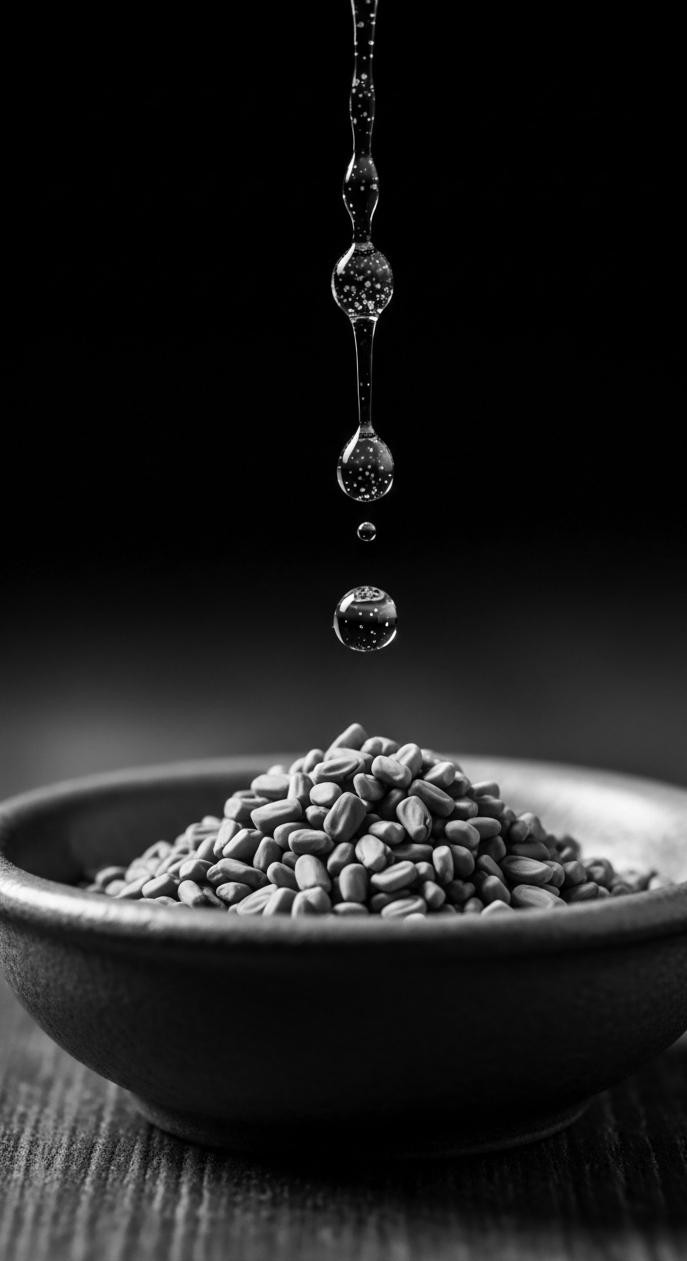 Fenugreek Seeds Being Dosed with Water Drops Close Up Black and White Embracing the ancestral heritage of holistic hair care, clear water enriches fenugreek seeds, releasing their potent benefits. This ancient ingredient nourishes Black hair traditions and mixed-race hair narratives, promoting expressive styling and resilient formations for generations.