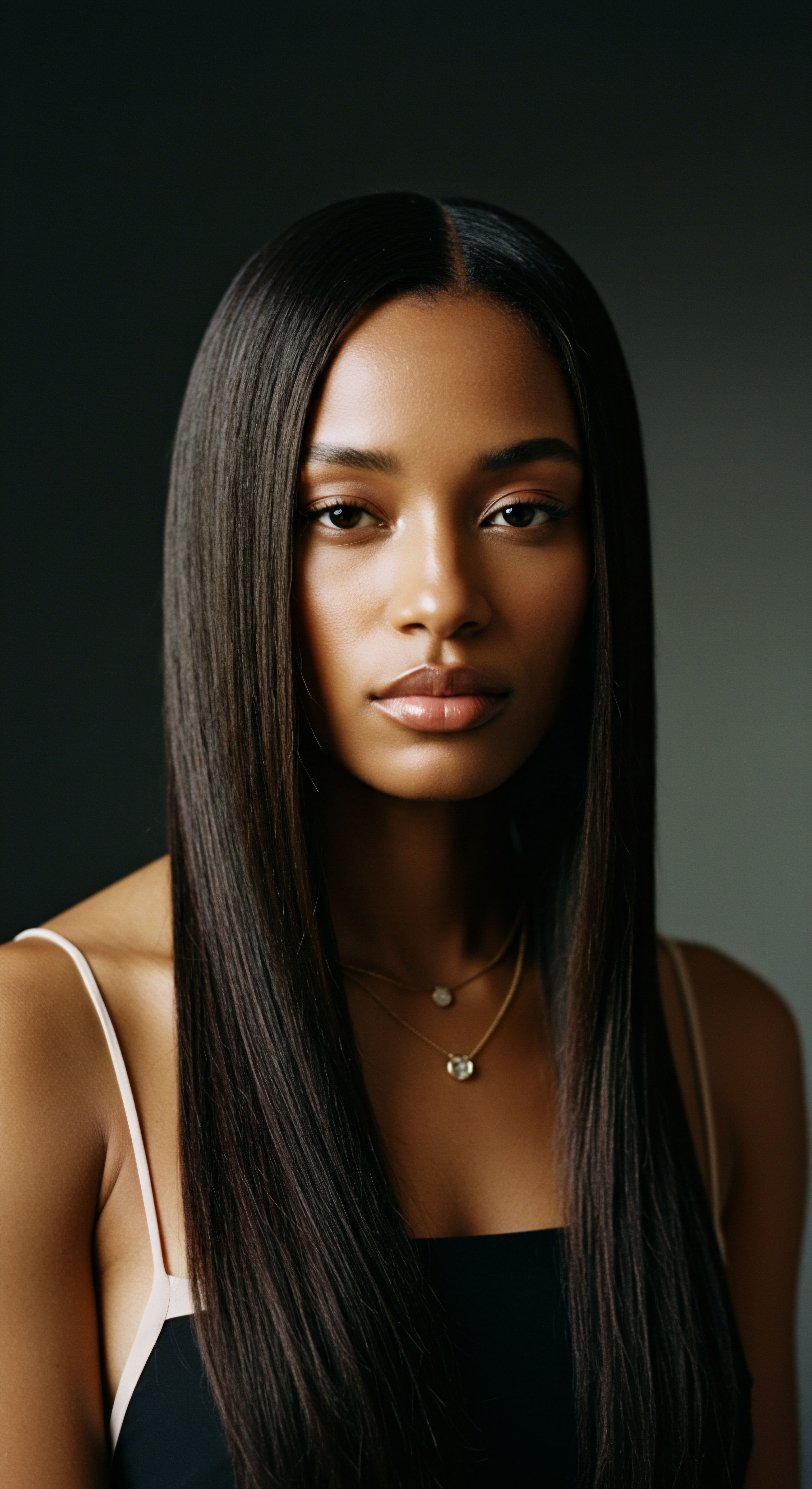 Flawless Lengthy Hair Displaying Optimized Hair Pattern Resilience And Care Radiant black hair shines with perfect elongation from silk press styling. Its flawless sheen and strand integrity reflect superior moisture retention and optimal protein balance for textured hair. This mixed-race hair embodies dedicated care, proudly celebrating heritage and advanced styling.