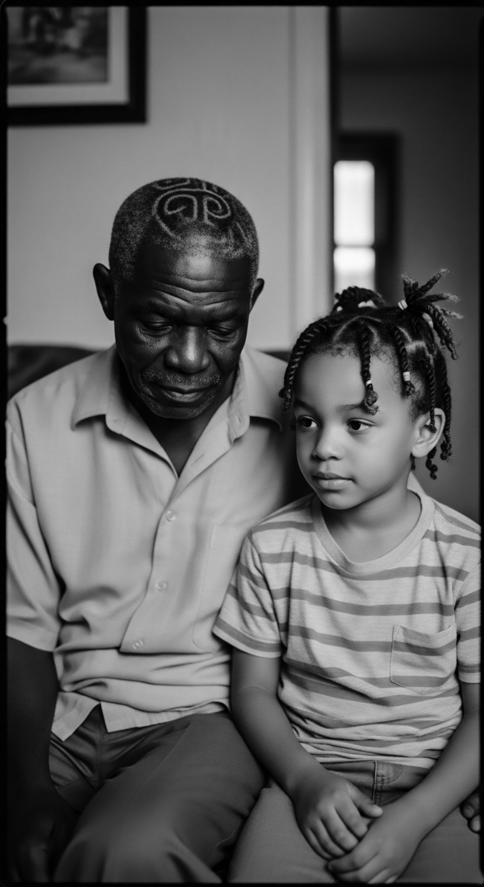 A poignant black and white image shows a grandfather and child sitting closely. The grandfather's low-cut hair features distinct symbolic design. The child has styled braids with beads. The photo explores ancestral heritage, mixed race narratives, and loving intergenerational connection through textured hair traditions.