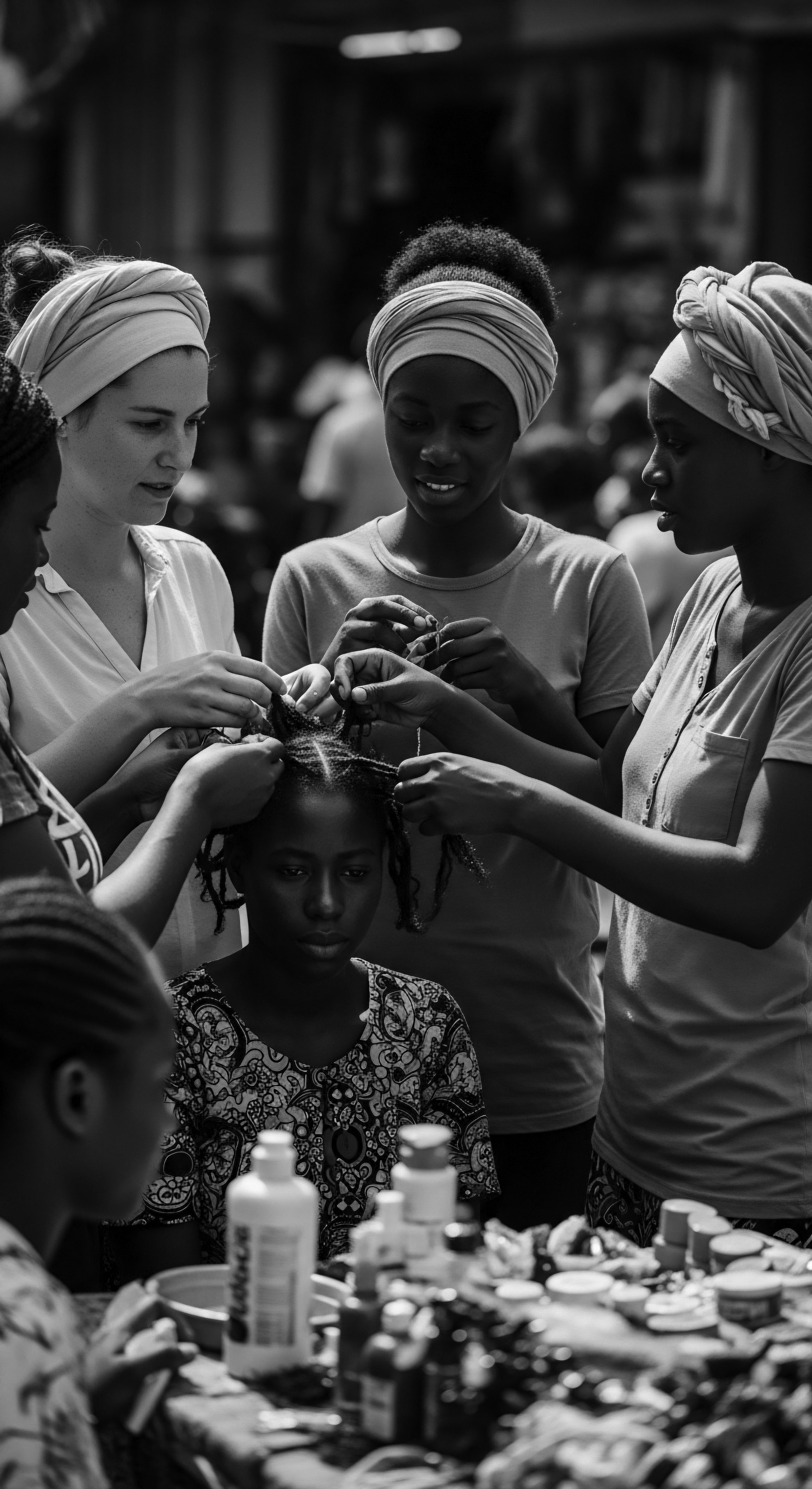 Generational Braiding Heritage Diverse Hands Styling Natural Textured Hair Coils Within an intimate, intergenerational setting, women collaborate, passing down ancestral braiding techniques, celebrating diverse hands styling while addressing the nuances of low porosity high-density coils, applying emollient products and showcasing Fulani braiding artistry and holistic hair care. The Madrasi head tie is showcased for identity.