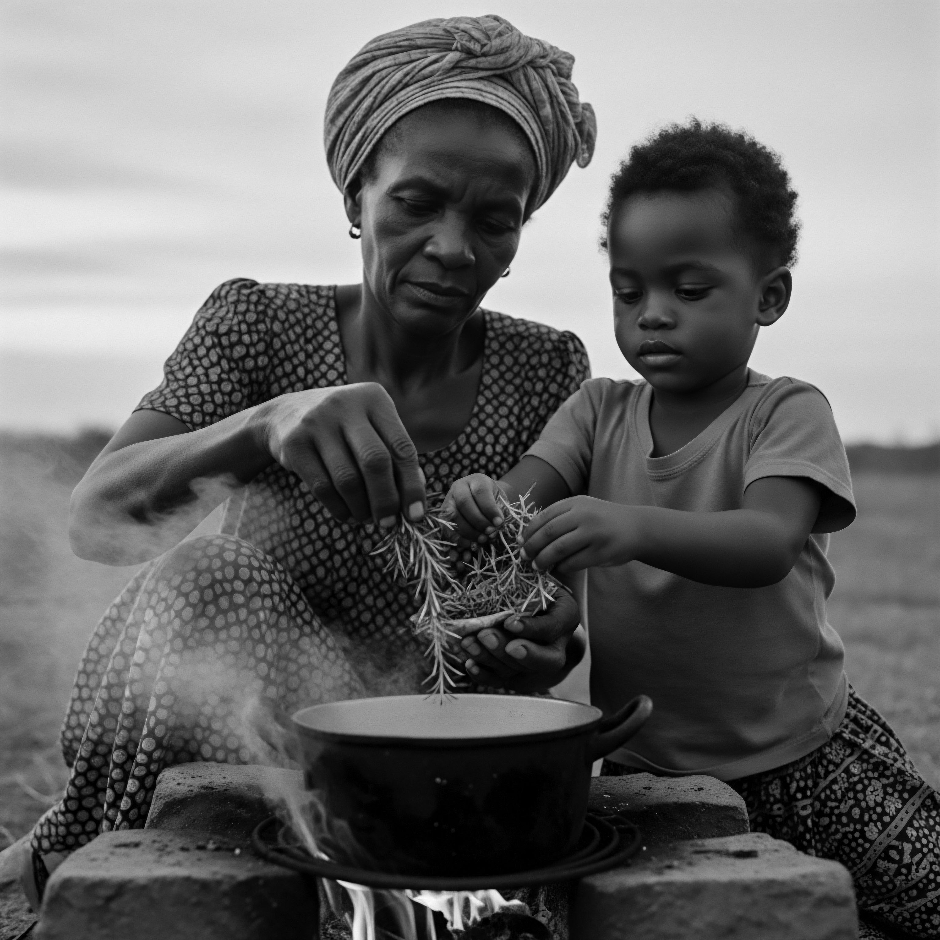 Generational Heritage Grandmother and Grandchild Preparing Natural Hair Remedy The timeless black and white image depicts a poignant moment as a grandmother and grandchild prepare traditional hair remedies from natural ingredients, reflecting deep-rooted ancestral care passed down through generations and reinforcing the importance of holistic practices for textured hair wellness.