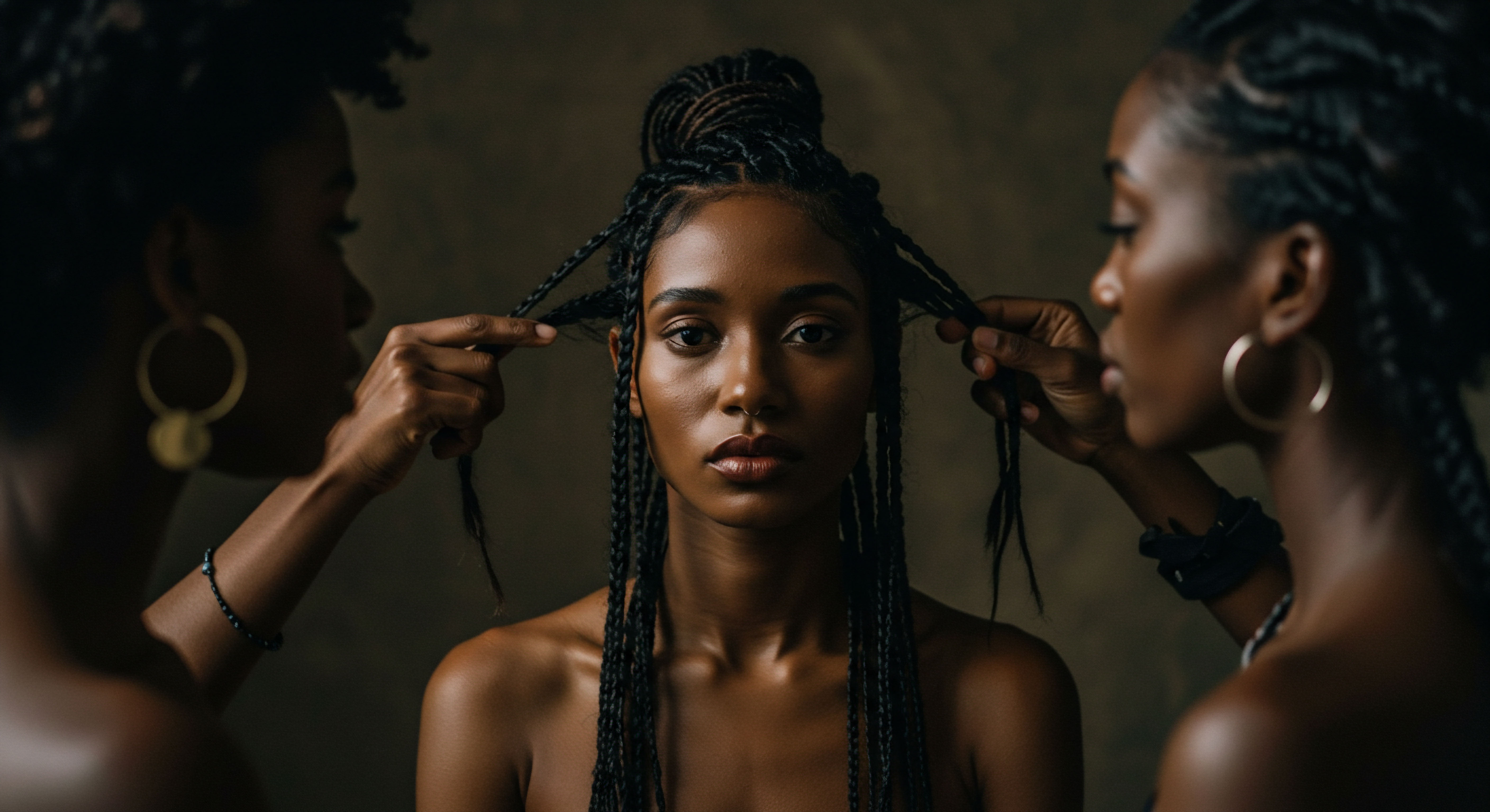 Generational Textured Hair Styling A Collective Ancestral Braiding Ritual Intricate box braiding of black coils exemplifies precise ancestral hair art. Collaborative hands underscore communal textured hair care, a powerful Afro-diasporic heritage ritual. This protective styling emphasizes low manipulation for healthy coil patterns and optimal length retention.
