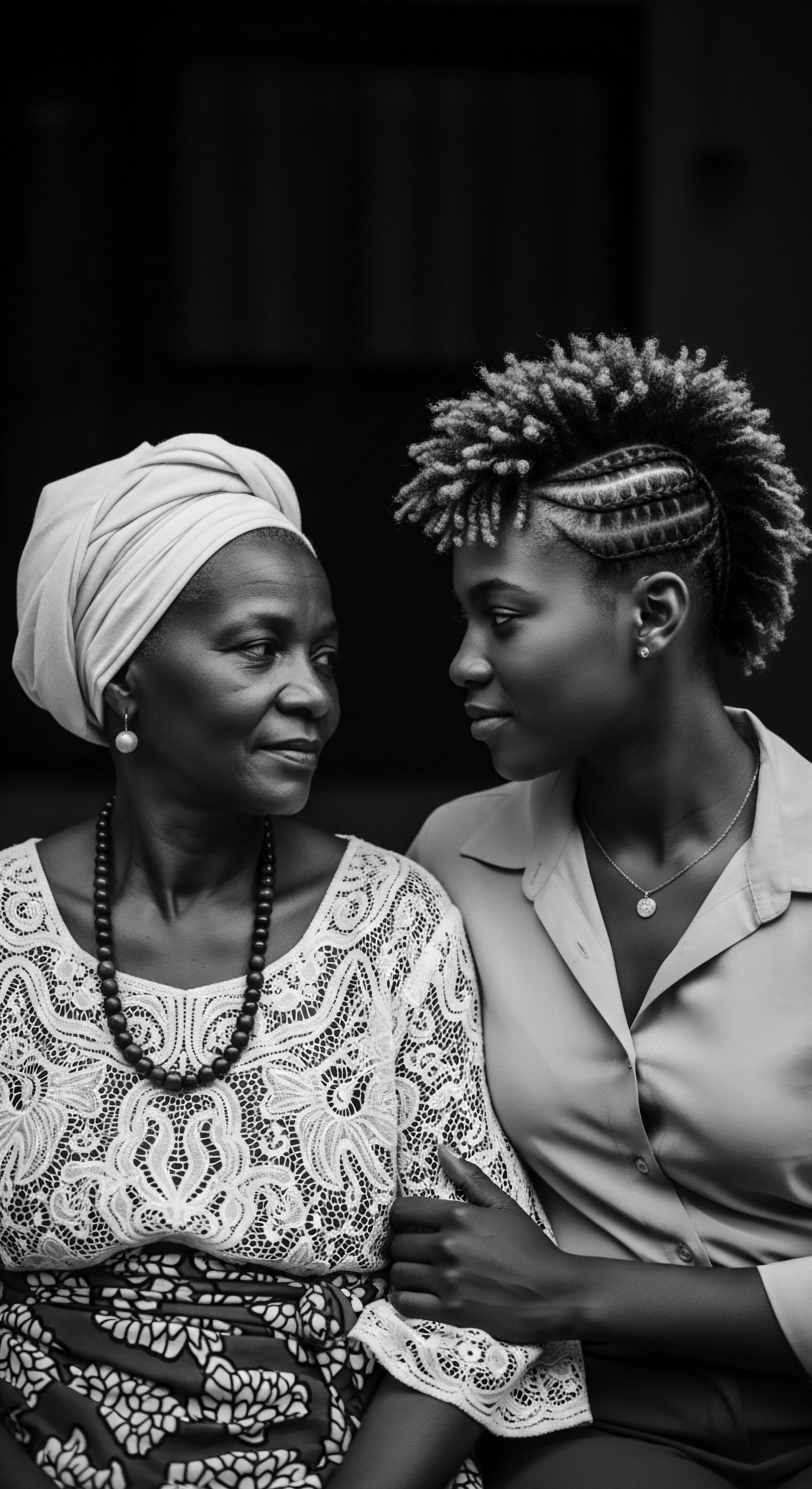 Celebrating ancestral heritage this portrait captures a touching intergenerational connection. Mother and daughter embrace showcasing the fusion of traditional headwrap art and protective styling with coily hair expression. Cornrows beautifully transition highlighting healthy sebaceous balance and familial bonds emphasizing a celebration of Black beauty and holistic Afrocentric wellness.