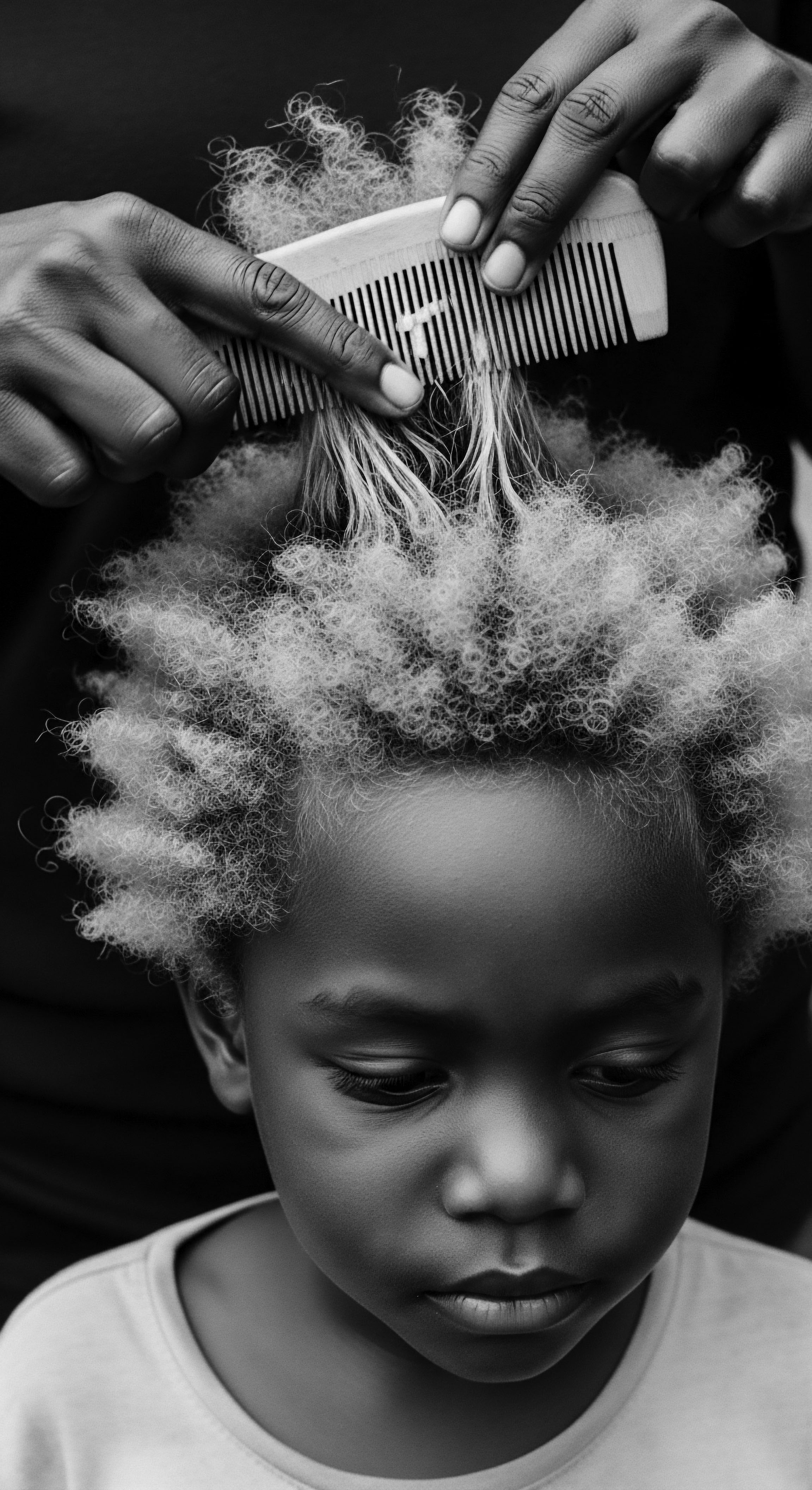 Gentle Hands Combing Through Child’s Naturally Coiled Blonde Textured Hair Captured in monochrome, the hands carefully manage the child's coiled blonde strands, evidencing ancestral hair care practices. The scene symbolizes love, heritage, and the meticulous ritual of nurturing highly textured hair, emphasizing the unique beauty and challenges of mixed-race hair identity.