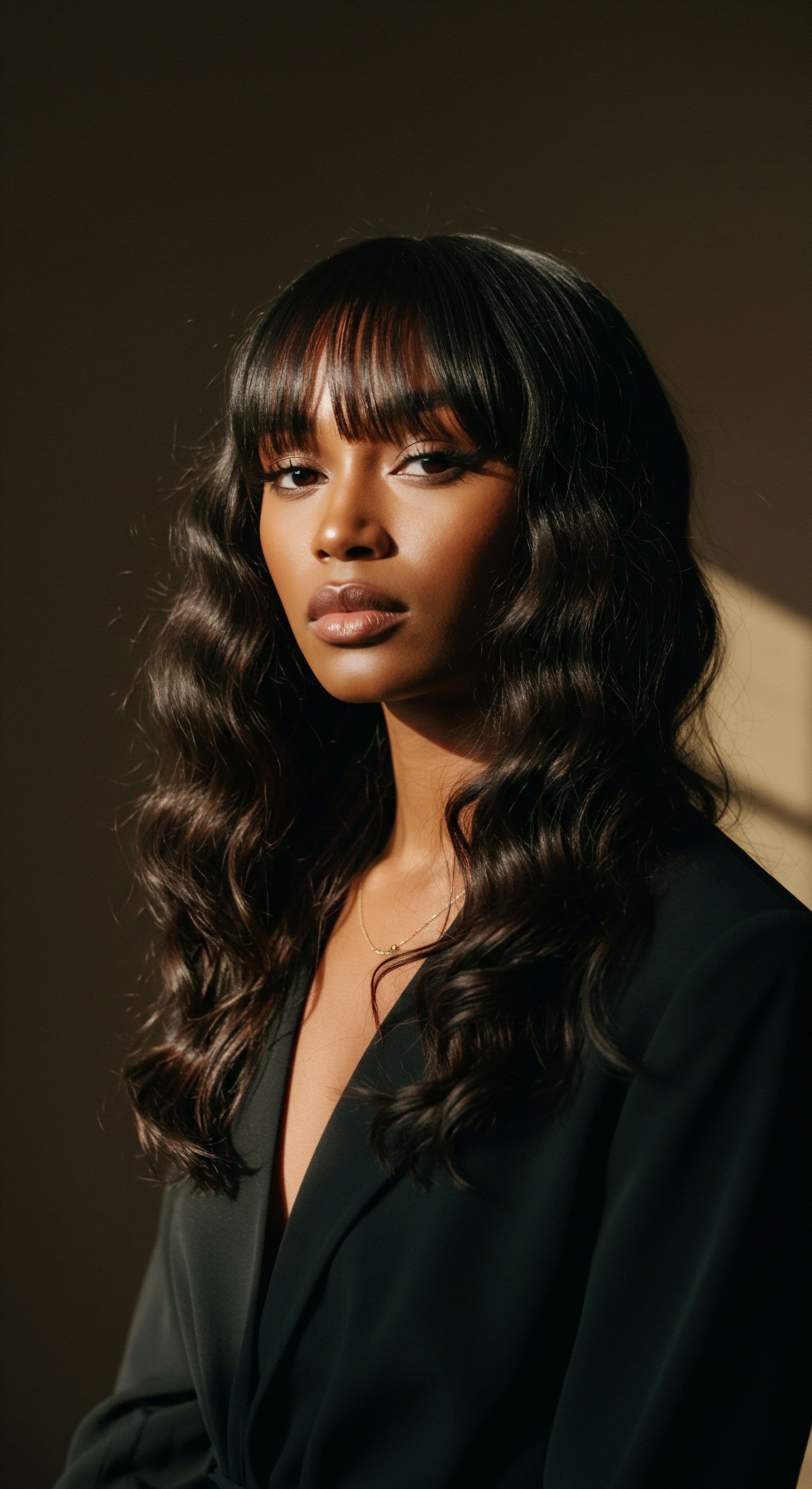 Glimmering Textured Hair Precision Styling Enhancing Natural Pattern A portrait showcases luminous, deep pigment textured hair with a defined wavy pattern, boasting high sheen and optimal hydration. Expert styling, including face-framing bangs, reflects meticulous care for impressive strand integrity. This embodies a radiant mixed-race heritage aesthetic.