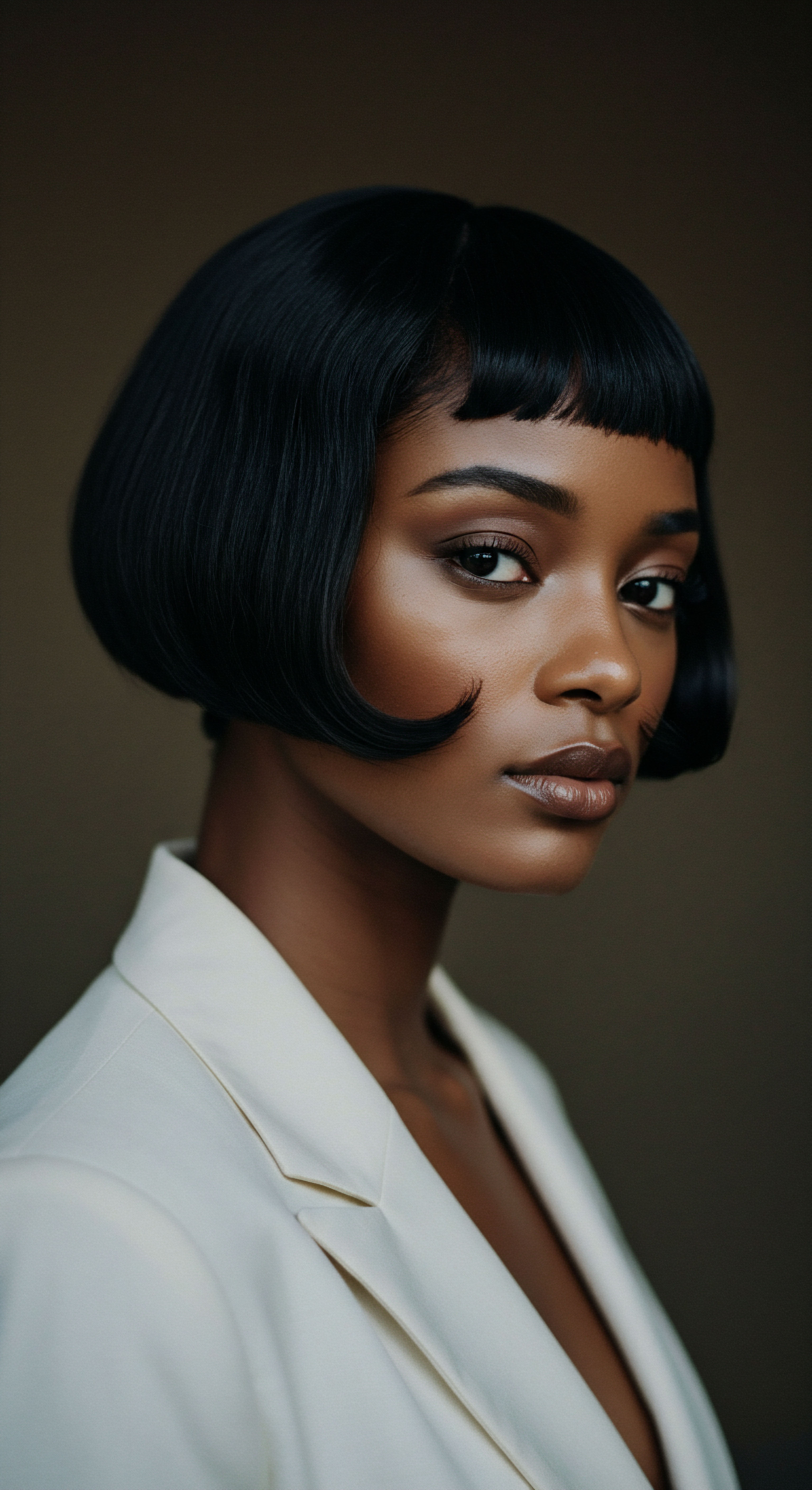 Glossy Precision Bob Reflecting Melanin-Rich Hair Thermal Styling Mastery This stunning look captures the exquisite execution of a polished bob, featuring expert thermal styling for flawless sheen and a sophisticated pattern with a refined, inward spring. The hair's natural density is enhanced, emphasizing proper hydration and meticulous maintenance crucial for melanin-rich hair. It’s a celebration of heritage through advanced styling artistry and supreme hair fiber resilience.