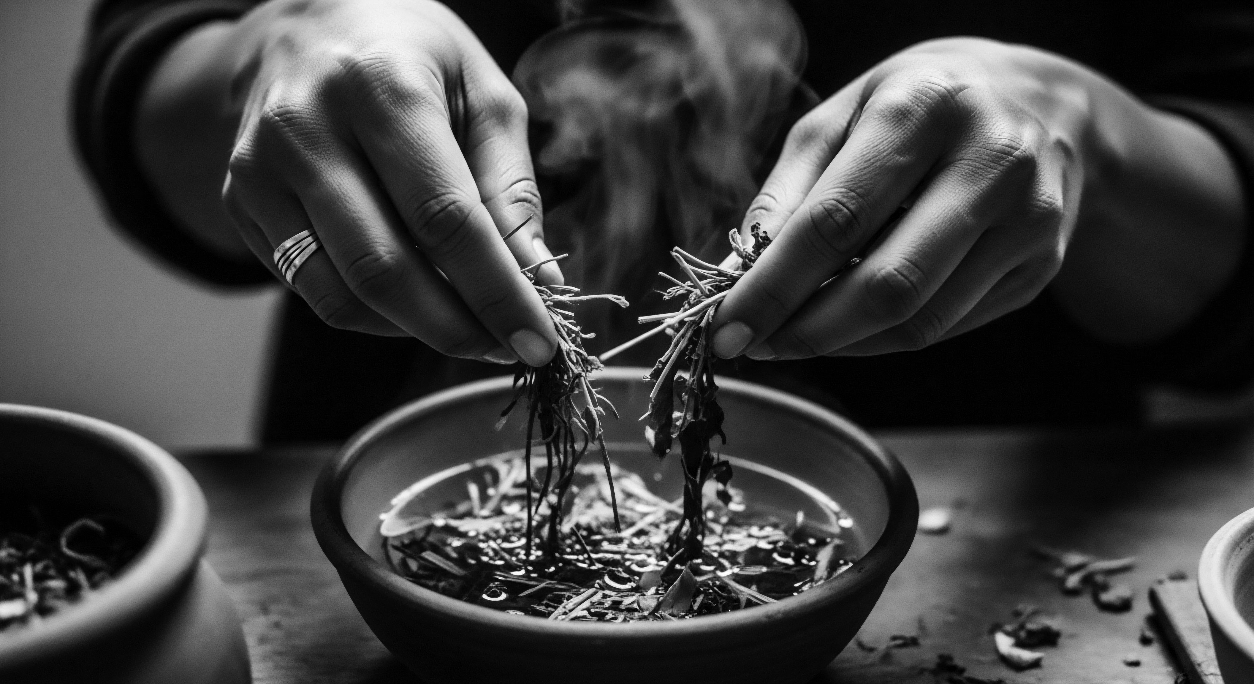 Hands Preparing Herbal Hair Treatment Infusion Black and White Photography The monochromatic image conveys a sense of timeless ritual, highlighting the intentionality behind crafting herbal hair treatments rooted in cultural heritage, a deeply connected practice for textured hair health and reverence for ancestral hair care knowledge and holistic self care practices.