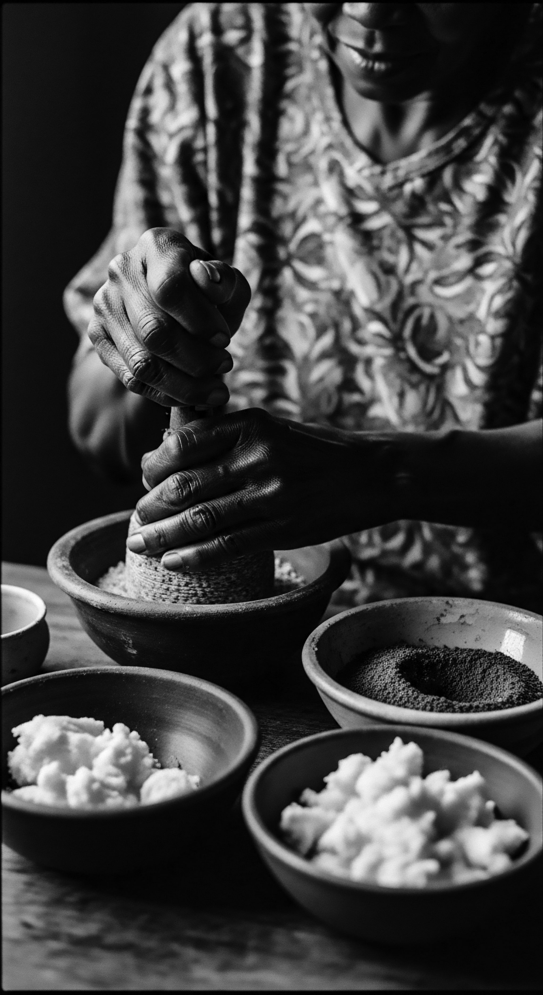 Hands Preparing Traditional Black Hair Remedies with Natural Ingredients In black and white, hands grind ingredients, embodying ancestral heritage focused on preparing natural hair treatments. The scene reflects dedication to holistic wellness and the timeless process of crafting care solutions, showcasing a commitment to textured hair health through time-honored traditions.