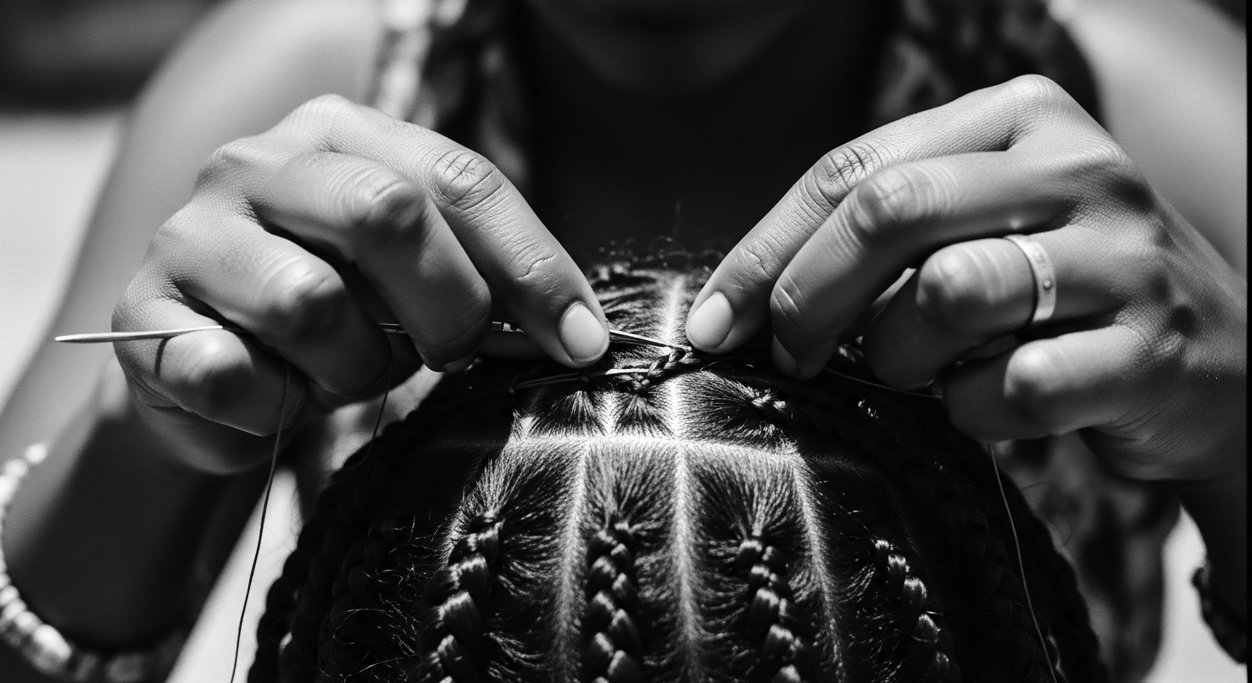 Hands Styling Intricate Braids Textured Hair Black Hair Tradition Heritage Nimble hands artfully braid textured hair, revealing a dedication to Black hair traditions and ancestral heritage. This meticulous process transforms individual strands, crafting intricate designs that embody self-expression and holistic care. Fine threads guide the formation, celebrating beauty through culture and skill.