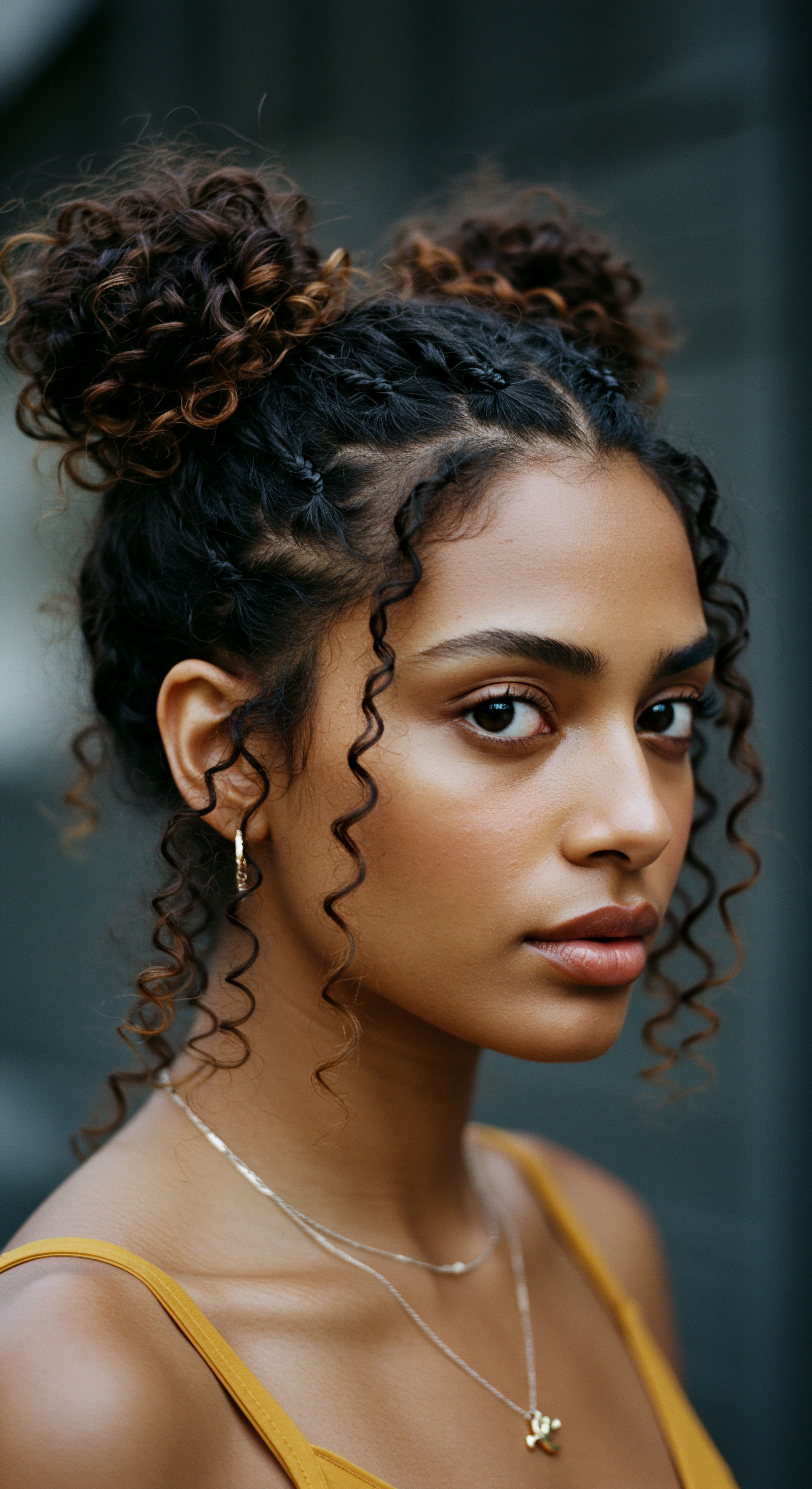 Heritage Inspired Textured Hair Space Buns Featuring Defined Coily Strands This captivating portrait showcases excellent textured hair care. The model’s mixed-race hair boasts vibrant coily patterns sculpted into stylish space buns, honoring ancestral braiding techniques. Each spiral demonstrates superb elasticity and healthy shine, indicating ideal moisture retention and consistent daily maintenance for ultimate definition.