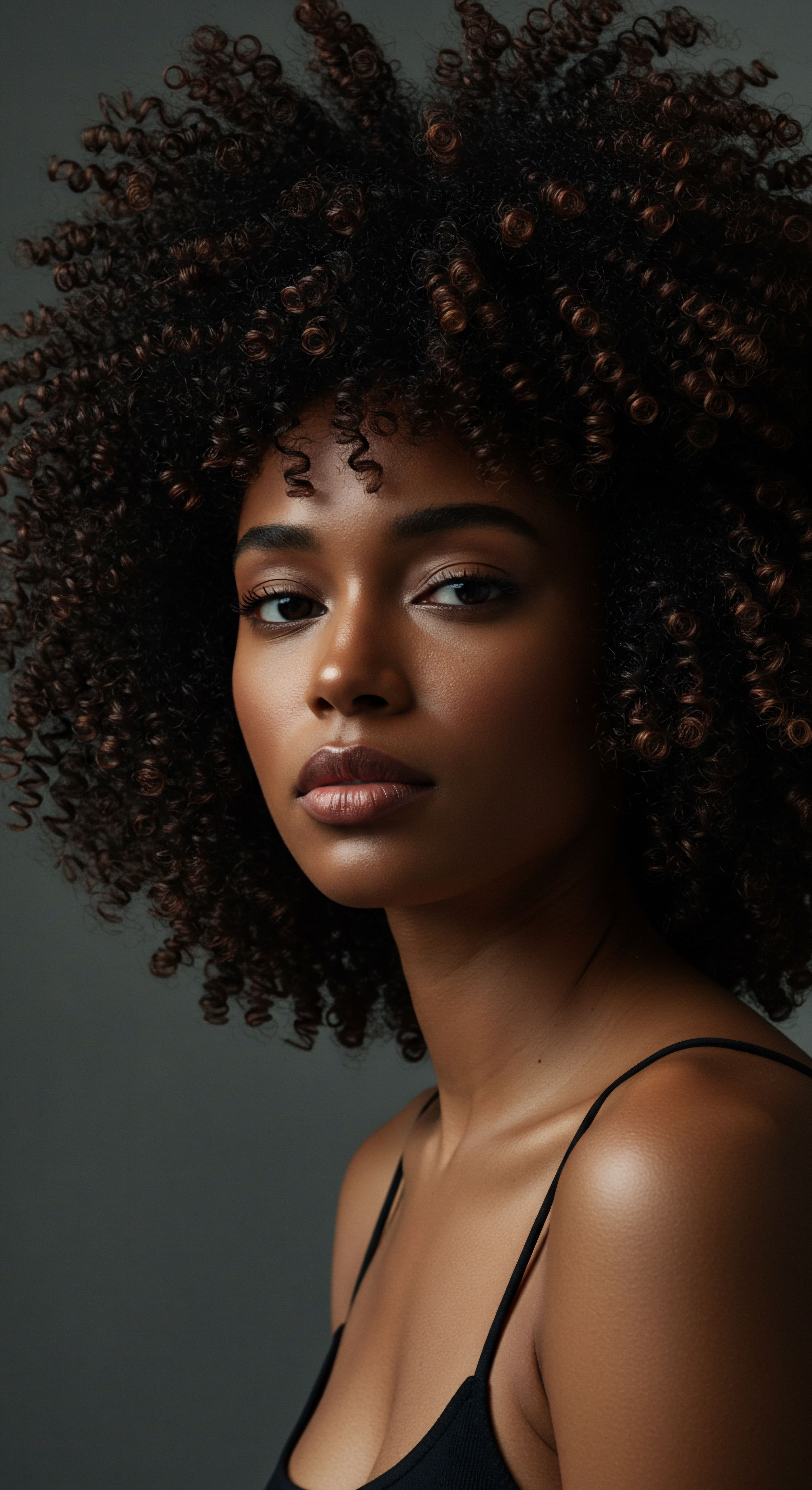 Highlighting Ancestral Coil Patterns and Melanin-Rich Skin Glow This portrait beautifully showcases a mixed-race woman's voluminous, high-density afro-textured helices. The defined coil pattern exemplifies superior textured hair care, mindful styling, and heritage pride. Her radiant melanin-rich complexion highlights a comprehensive regimen that promotes scalp health, optimal hydration, and celebrates authentic beauty.
